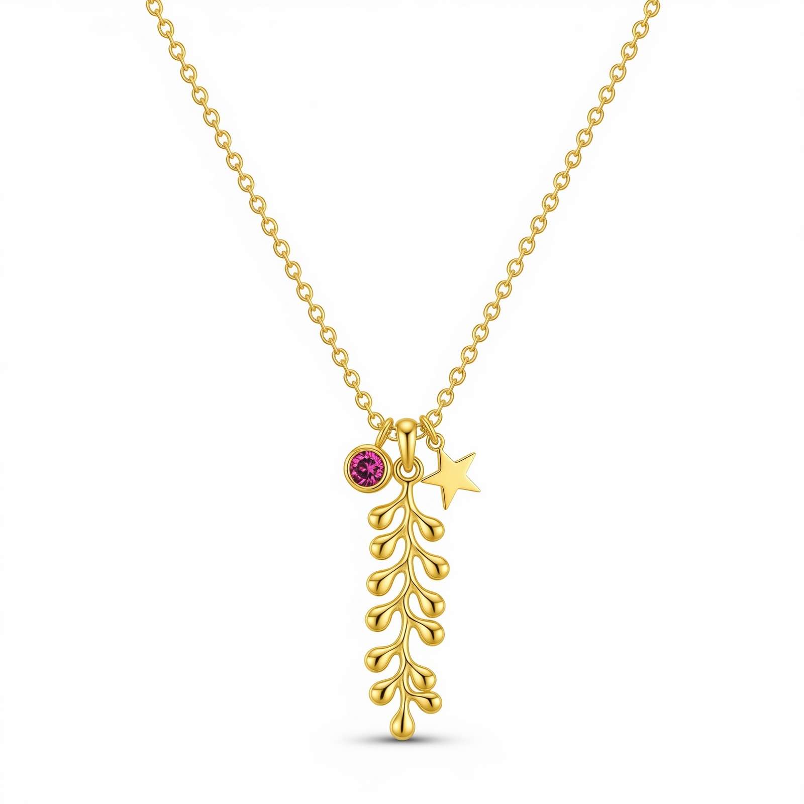 Delicate Women's Gift Custom Birthstone Charm Necklace – Gold Leaf Pendant Necklace with Star and Pink Crystal – Personalized Birth Month Jewelry for Her