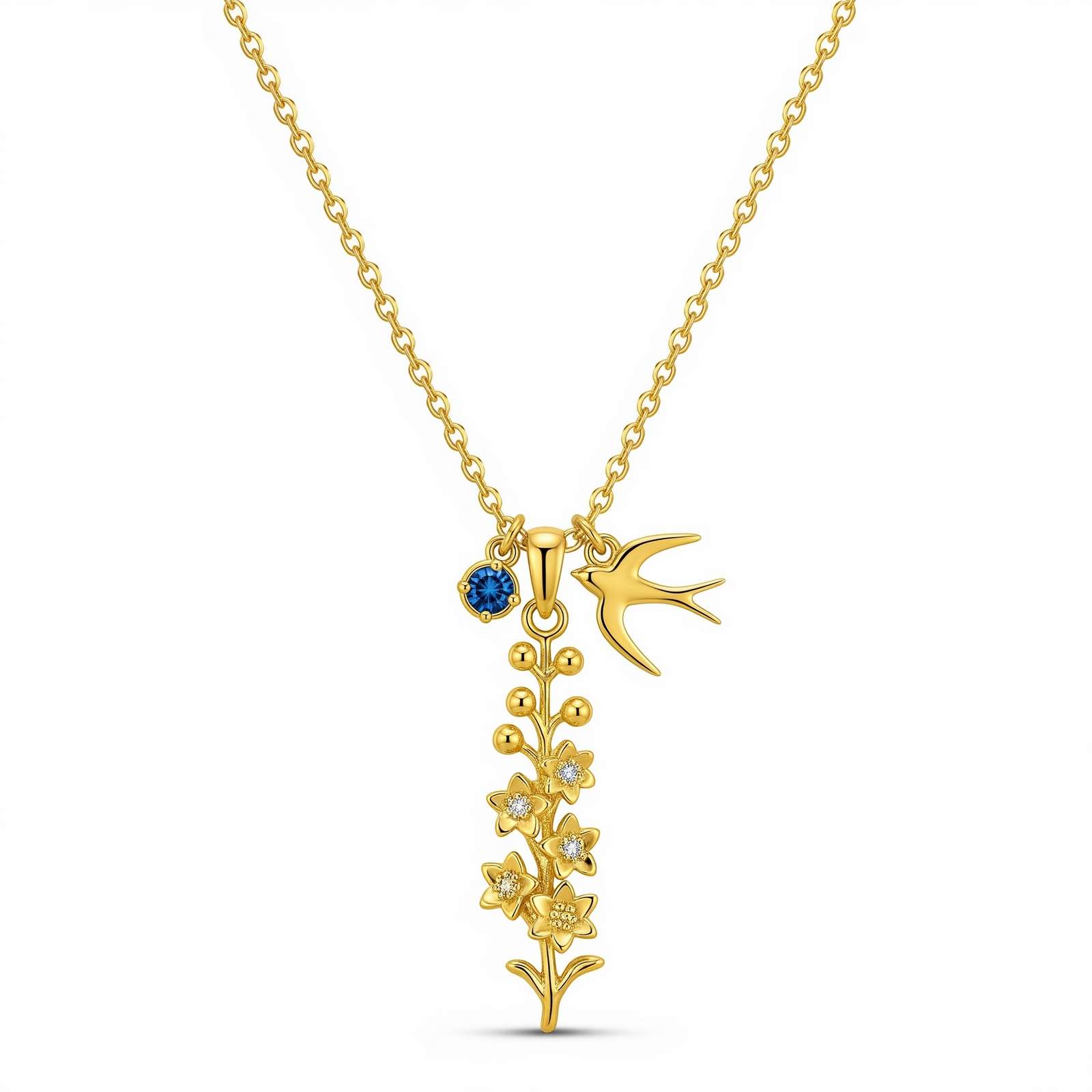 Dedicate Women's Gift Custom Birth Month Flower Necklace – Gold Flower Bird Charm Pendant with Personalized Birthstone Floral Jewelry
