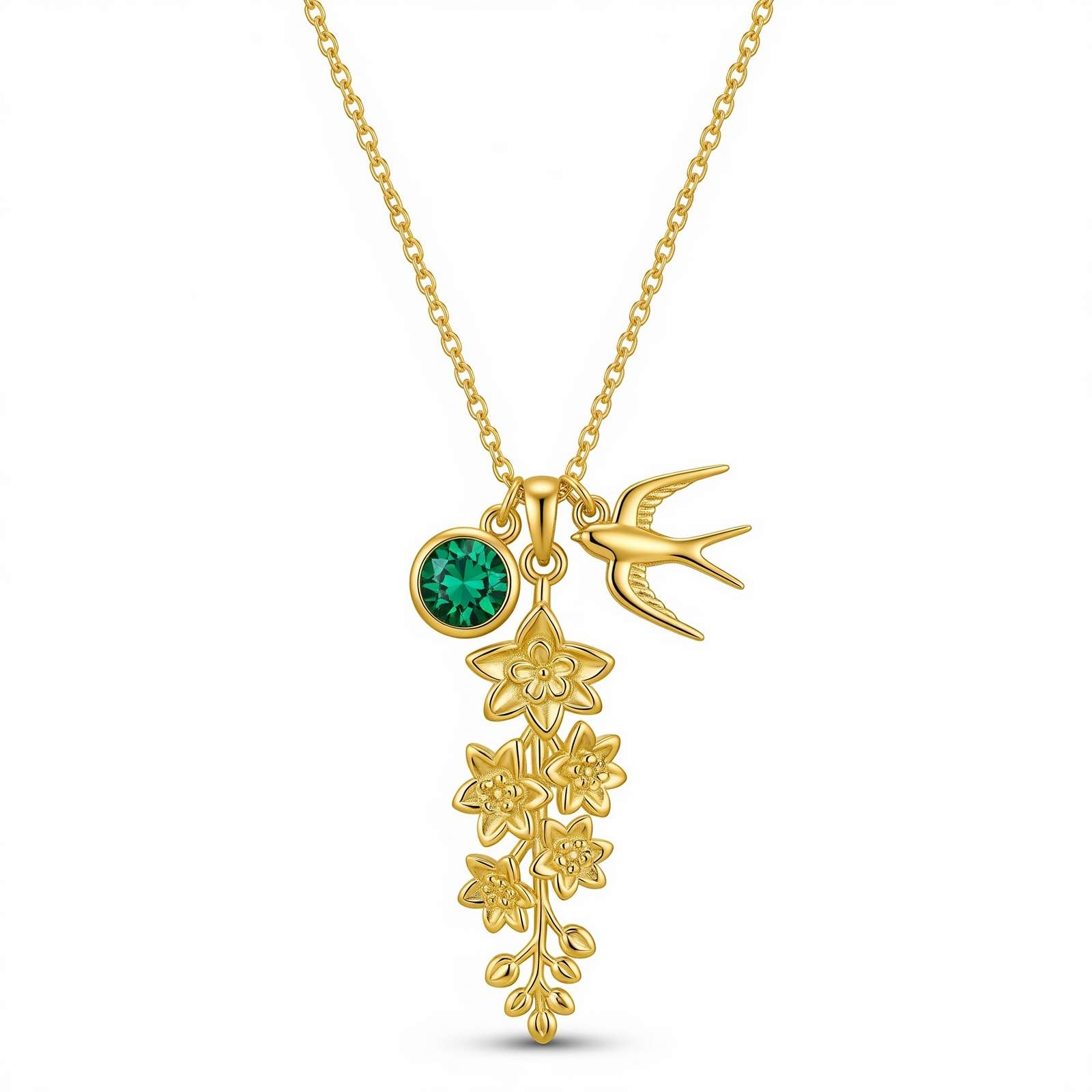 Delicate Women's Gift Custom Birth Month Flower Necklace – Gold Floral Bird Charm Necklace with Personalized Emerald Birthstone Pendant
