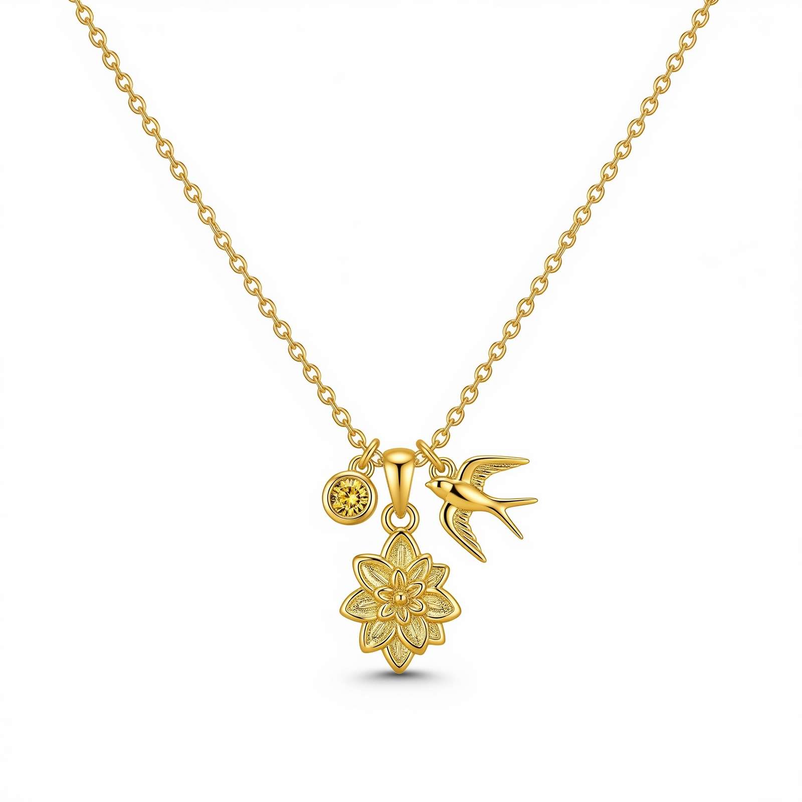 Dedicate Women's Gift Custom Birth Flower Charm Necklace – Gold Flower and Bird Charm Necklace – Personalized Dainty Gold Pendant for Her