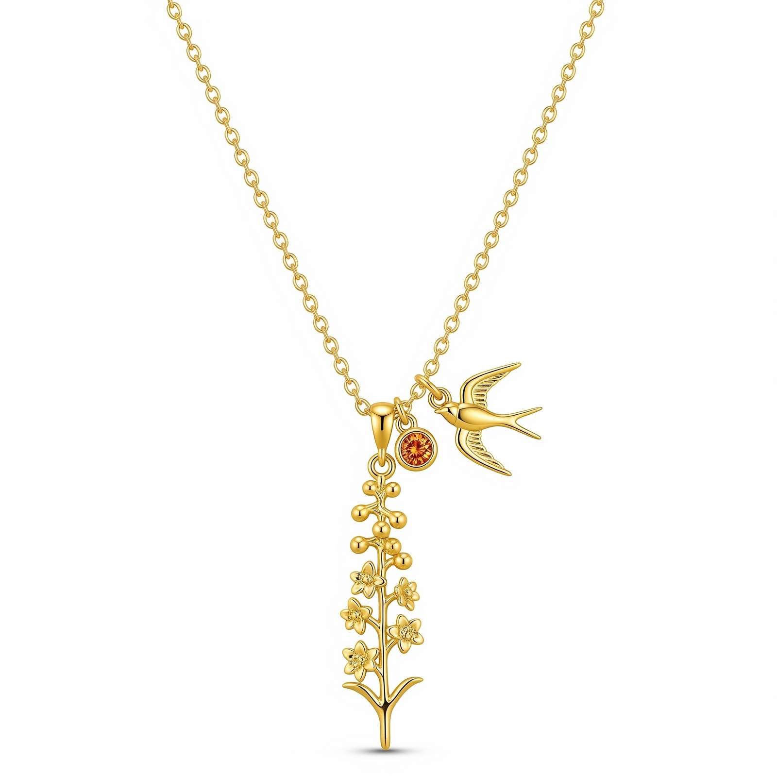 Dedicated Women's Gift Custom Birth Flower Necklace – Personalized Floral Charm Necklace with Gold Bird Flower Birthstone Pendant Elegance