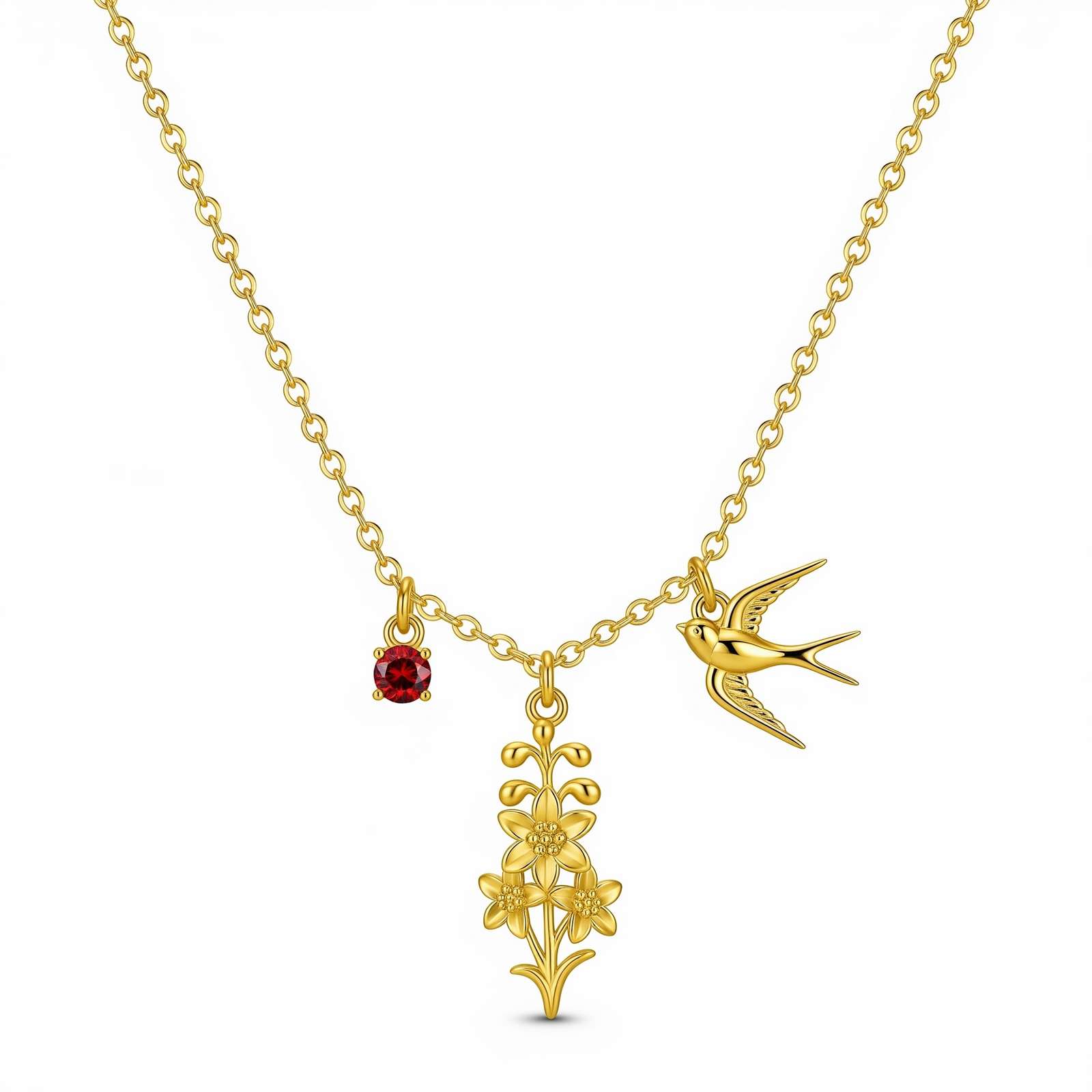 Delicate Women's Custom Flower Necklace with Swallow & Birthstone Charm – Personalized Birth Month Jewelry Gift in Gold