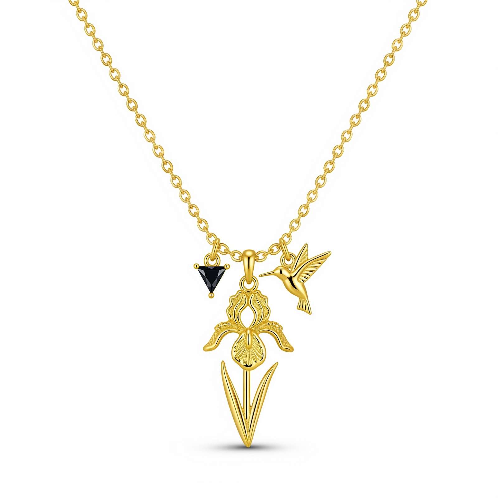 Dedicate women's gift custom birth month flower charm necklace – Gold hummingbird iris pendant necklace – Personalized floral charm jewelry gift
