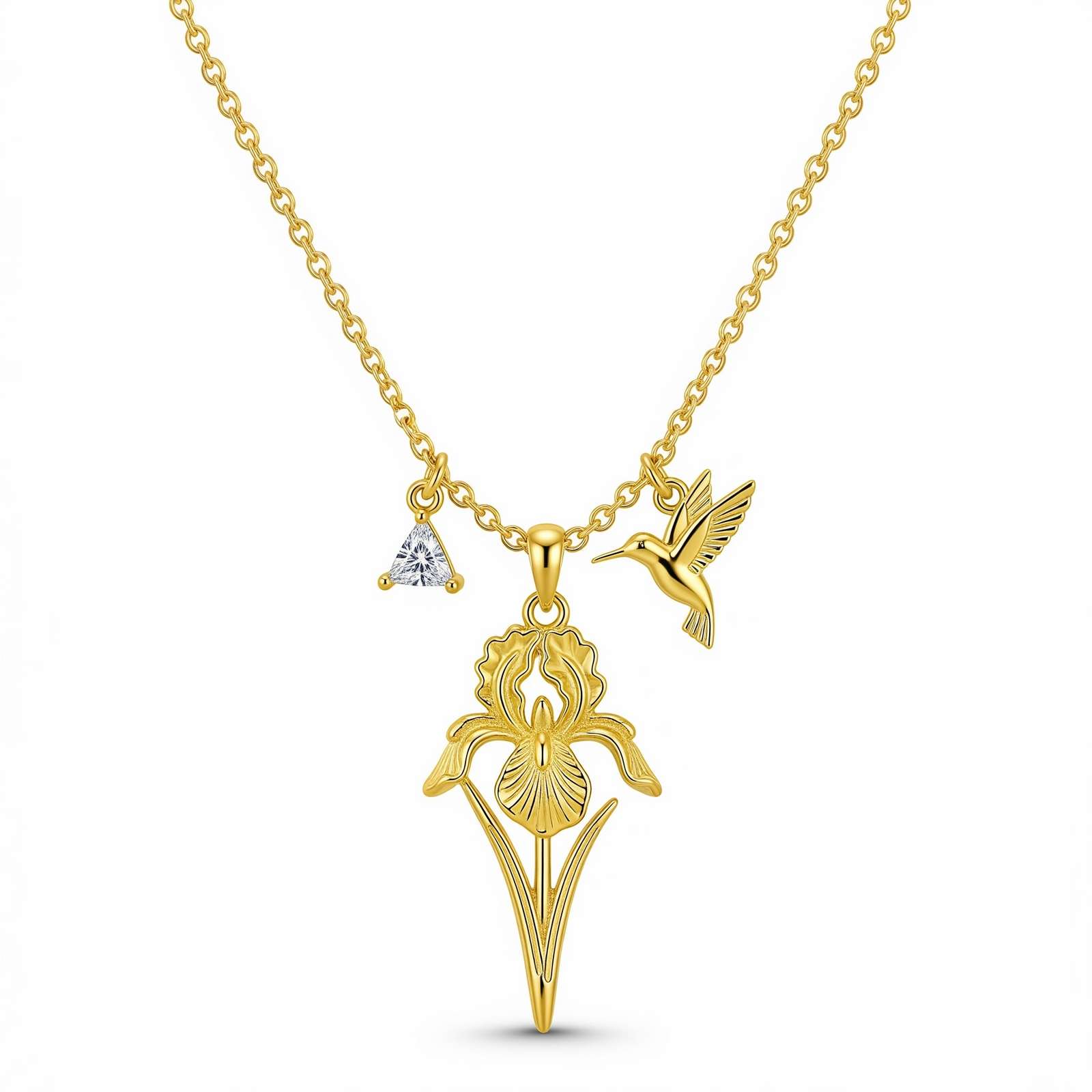Delicate Women's Gift Custom Birth Flower Necklace – Gold Hummingbird Iris Pendant Necklace with July Birthstone Charm Necklace for Elegant Style