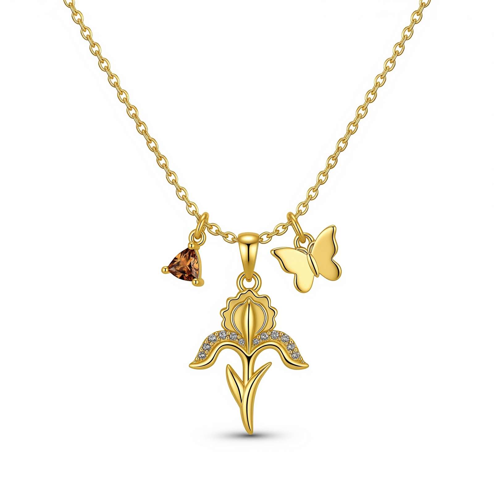 Custom Birth Month Flower Necklace – Gold Floral Charm Necklace for Women with Personalized Butterfly Gemstone Pendant Gift Elegance