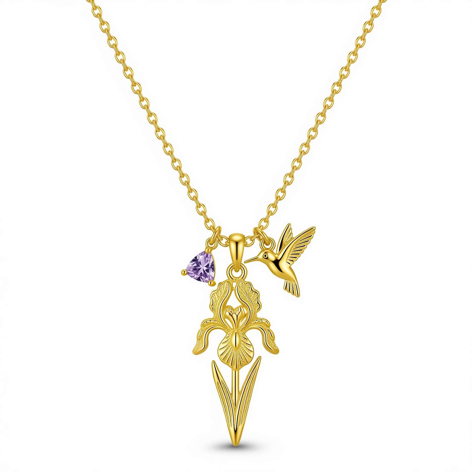 Dedicate Women's Gift Custom Birth Month Flower Necklace with Gold Hummingbird Iris Charm Pendant and Purple Heart Amethyst Jewelry Gift