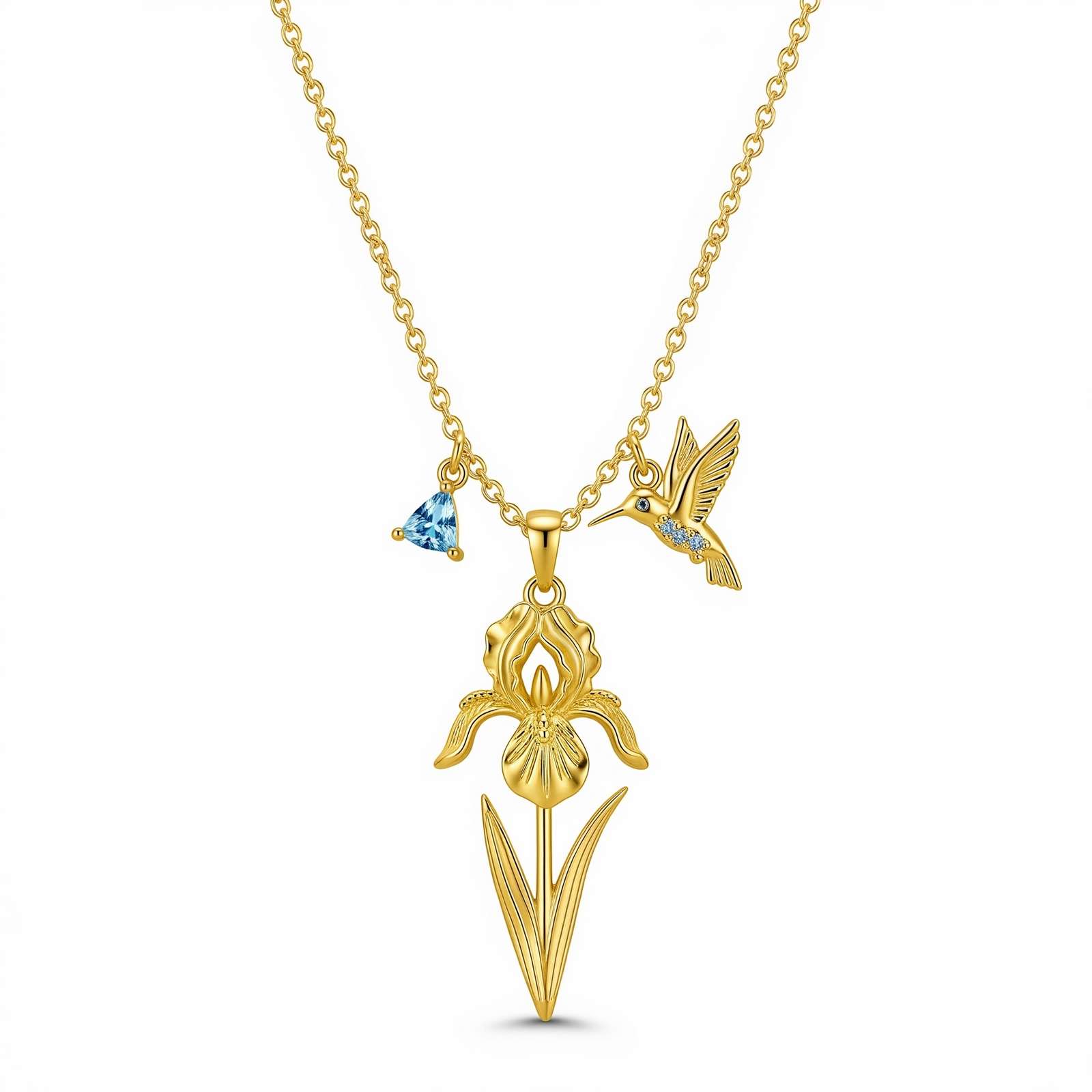 Gold Hummingbird Flower Pendant Necklace – Custom Birthstone Iris Charm Jewelry, Dedicate Women's Gift Necklace for Birth Month Celebration