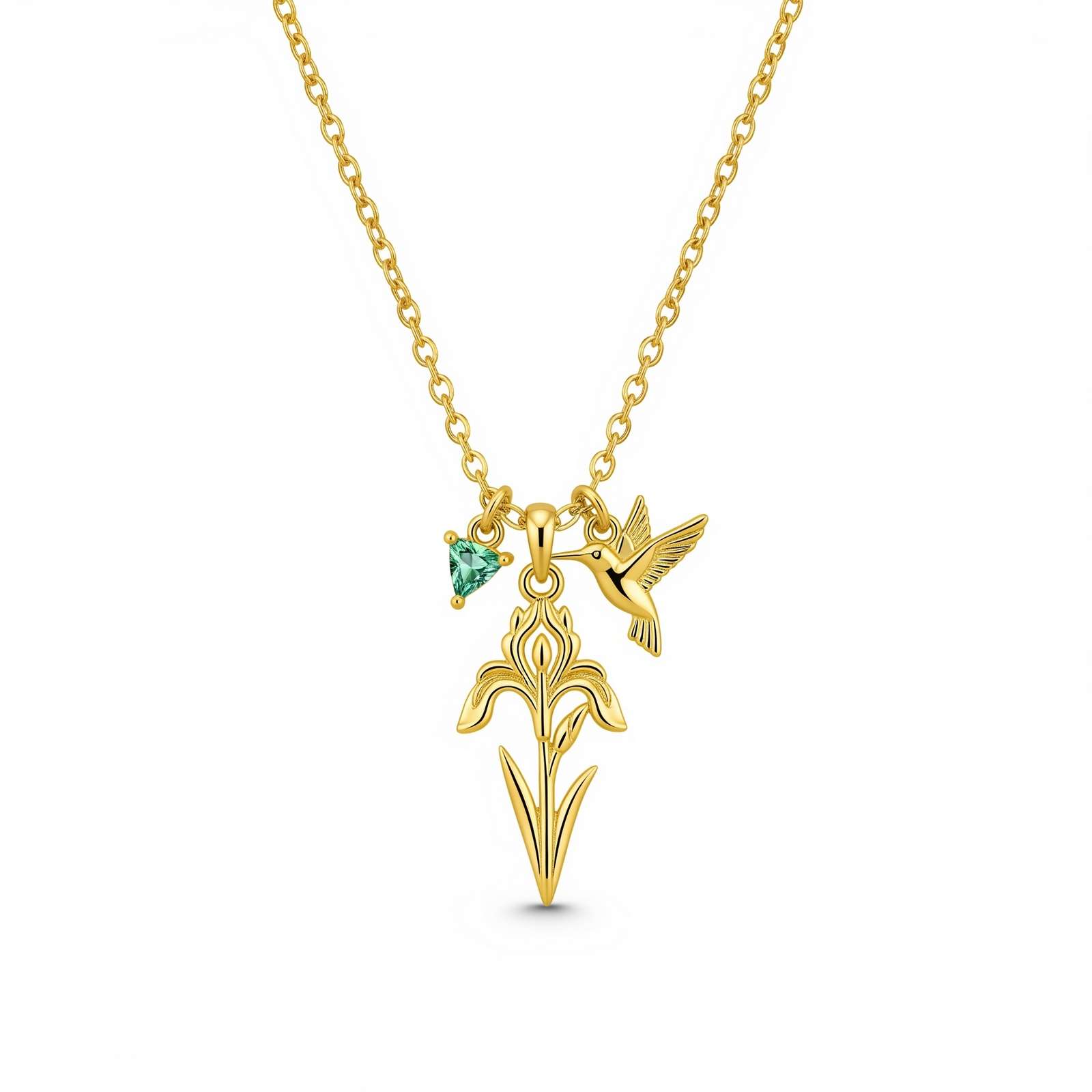 Dedicate Women's Gift Custom Birth Month Flower Necklace with Gold Hummingbird Iris Flower Pendant and Personalized Birthstone Charm Jewelry