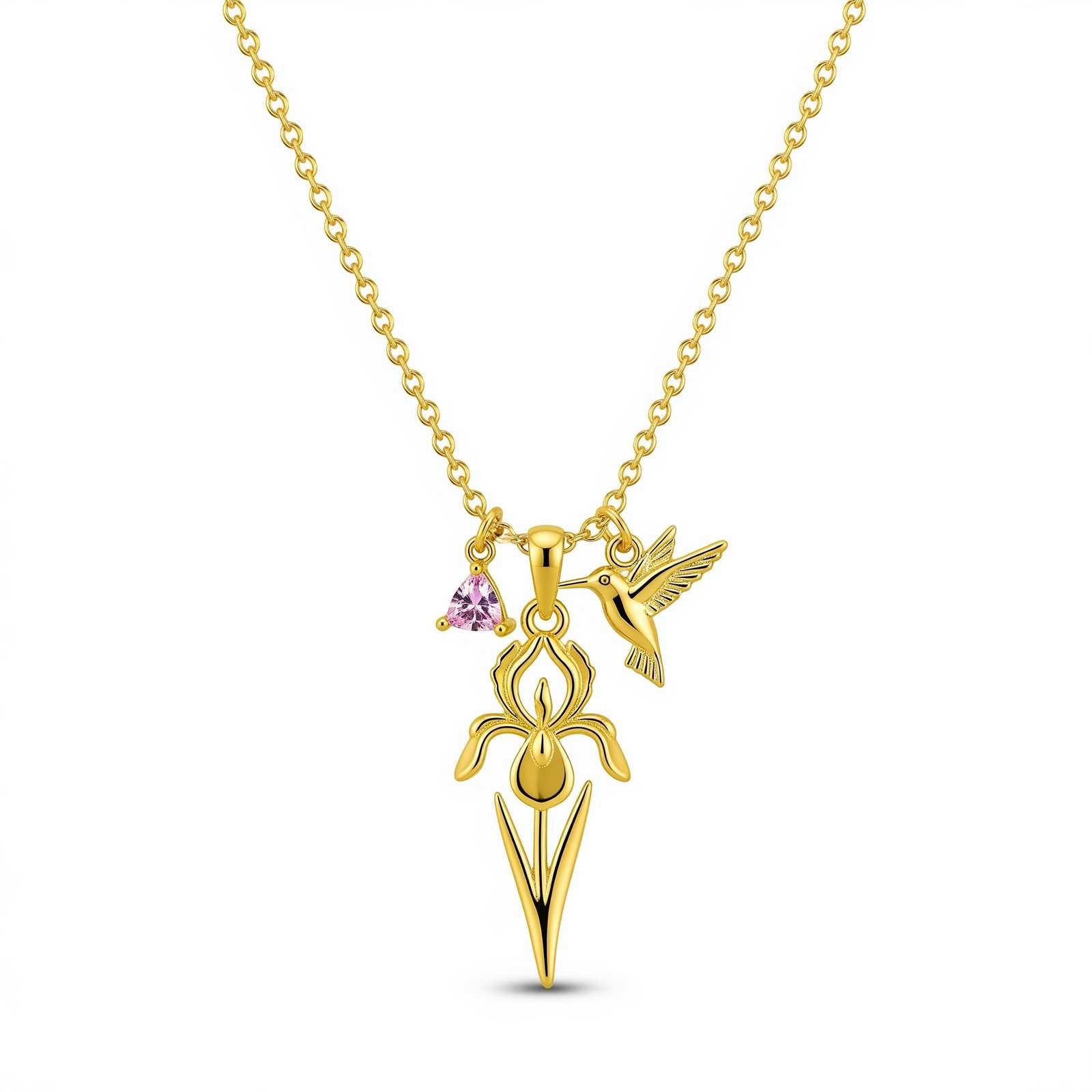 Dedicate Women's Gift Custom Birthstone Flower Necklace – Gold Hummingbird Floral Pendant Jewelry – Personalized Iris Charm Necklace with Pink Crystal