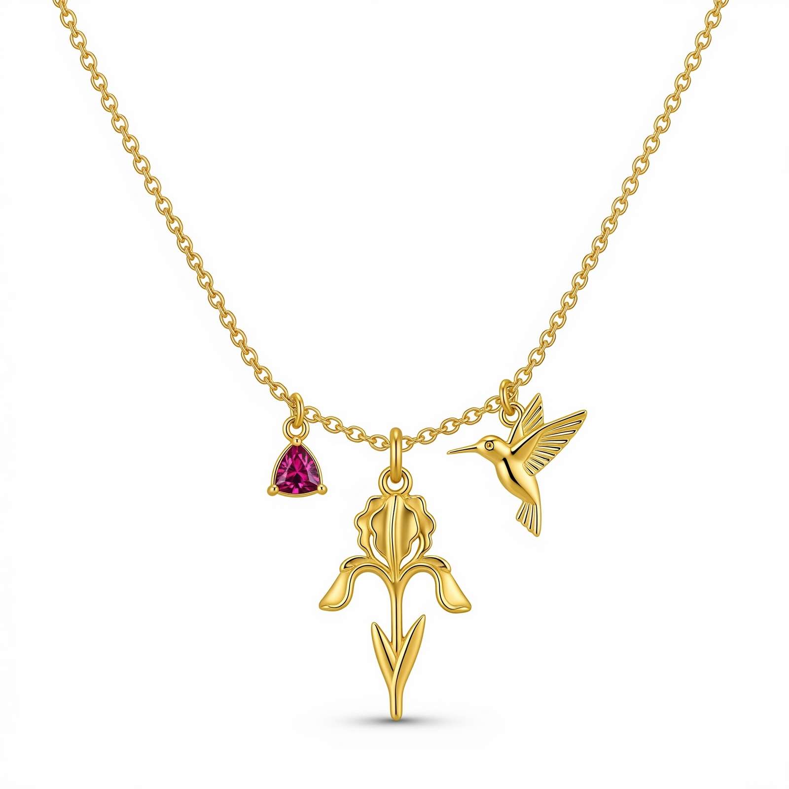 Dedicate Women's Gift Custom Birthstone Flower Charm Necklace with Hummingbird Flower Gold Pendant and July Birth Month Ruby Charm Necklace