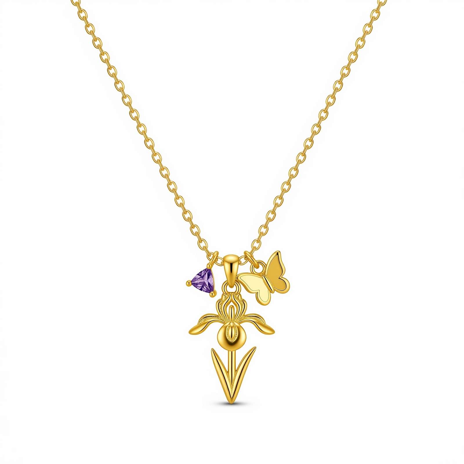 Dedicate Women's Gift Custom Birthstone Flower Necklace – Gold Butterfly Floral Charm Necklace with Personalized Iris Birth Month Pendant