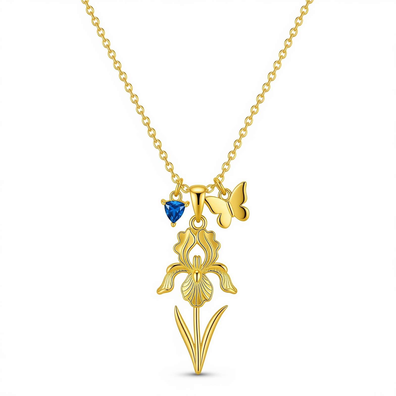 Delicate Women's Gift Custom Birth Month Flower Birthstone Charm Necklace, Gold Iris Flower Necklace with Butterfly and Blue Gem Charm, Personalized Floral Pendant for Women Birthday Gift
