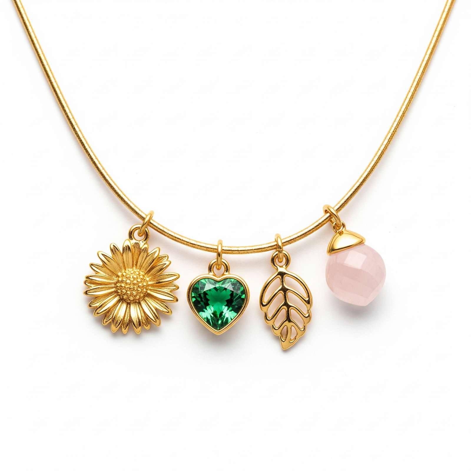 Dedicate women's gift custom birthstone flower charm necklace - gold charm necklace with daisy emerald leaf rose quartz - personalized birth month floral gemstone pendant
