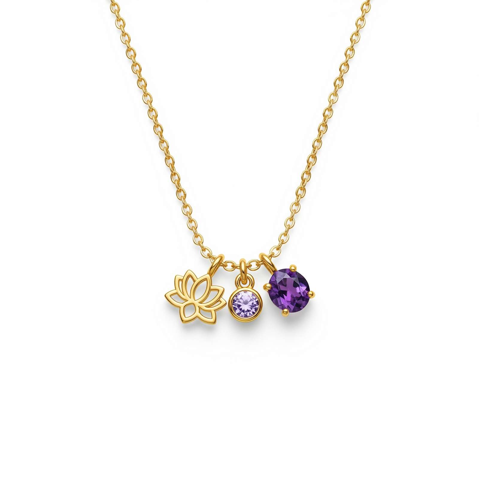 Dedicate Women's Gift Custom Birth Month Flower Birthstone Charm Necklace – Gold Lotus Amethyst Necklace Personalized – Spiritual Jewelry for Women Purple Gemstone