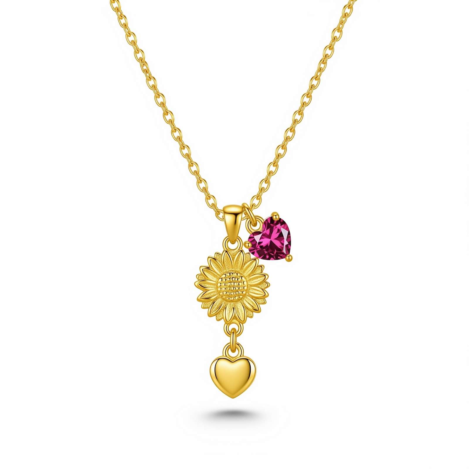 Dedicated Women's Gift Custom Birth Month Flower Birthstone Charm Necklace – Elegant July Birthstone Sunflower Necklace for Her with Gold Sunflower Heart Pendant Necklace Charm