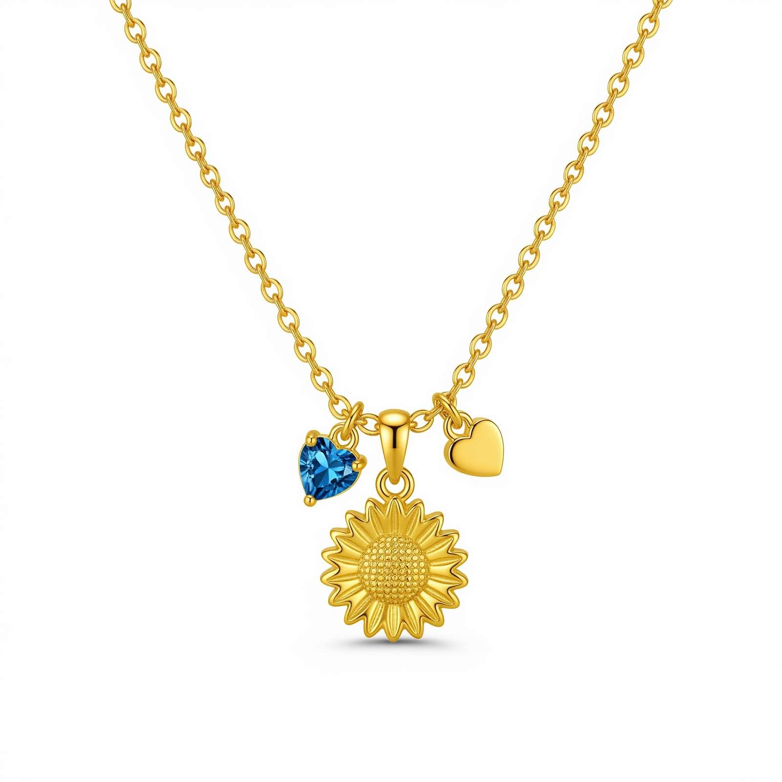 Custom Birth Month Sunflower Necklace – Personalized Women's Gift with Blue Birthstone Jewelry and Gold Sunflower Heart Charm Pendant