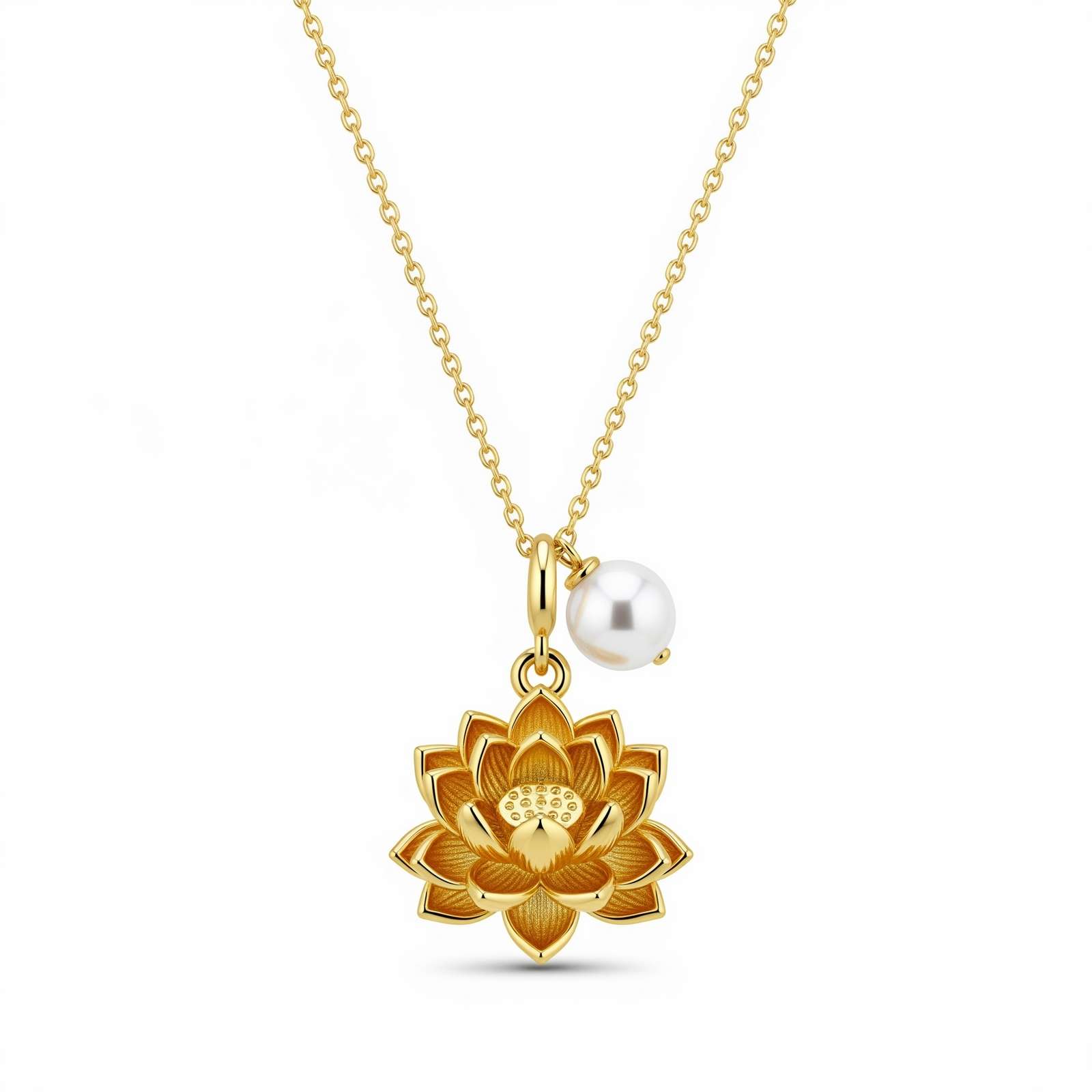 Dedicative Women's Gift Custom Birth Month Flower Necklace – Gold Lotus Pendant with Pearl Charm Necklace, Personalized Floral Gold Necklace for Her