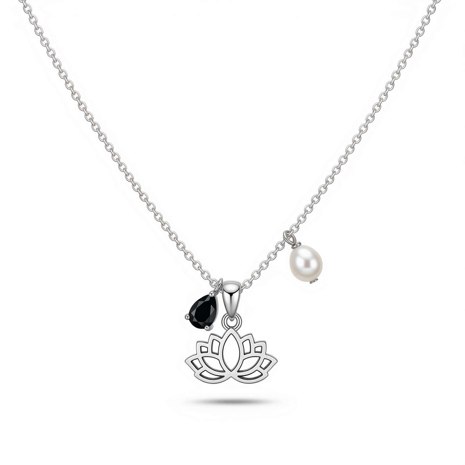 Dedicate women's gift custom birth month flower birthstone charm necklace, lotus flower charm necklace with pearl and black stone, sterling silver spiritual yoga necklace for women
