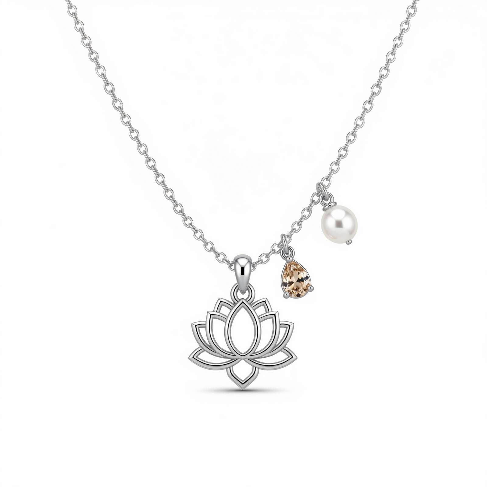 Custom Lotus Flower Birthstone Necklace – Personalized Women's Gift Charm Pendant – Elegant Lotus Flower Jewelry with Pearl and Crystal