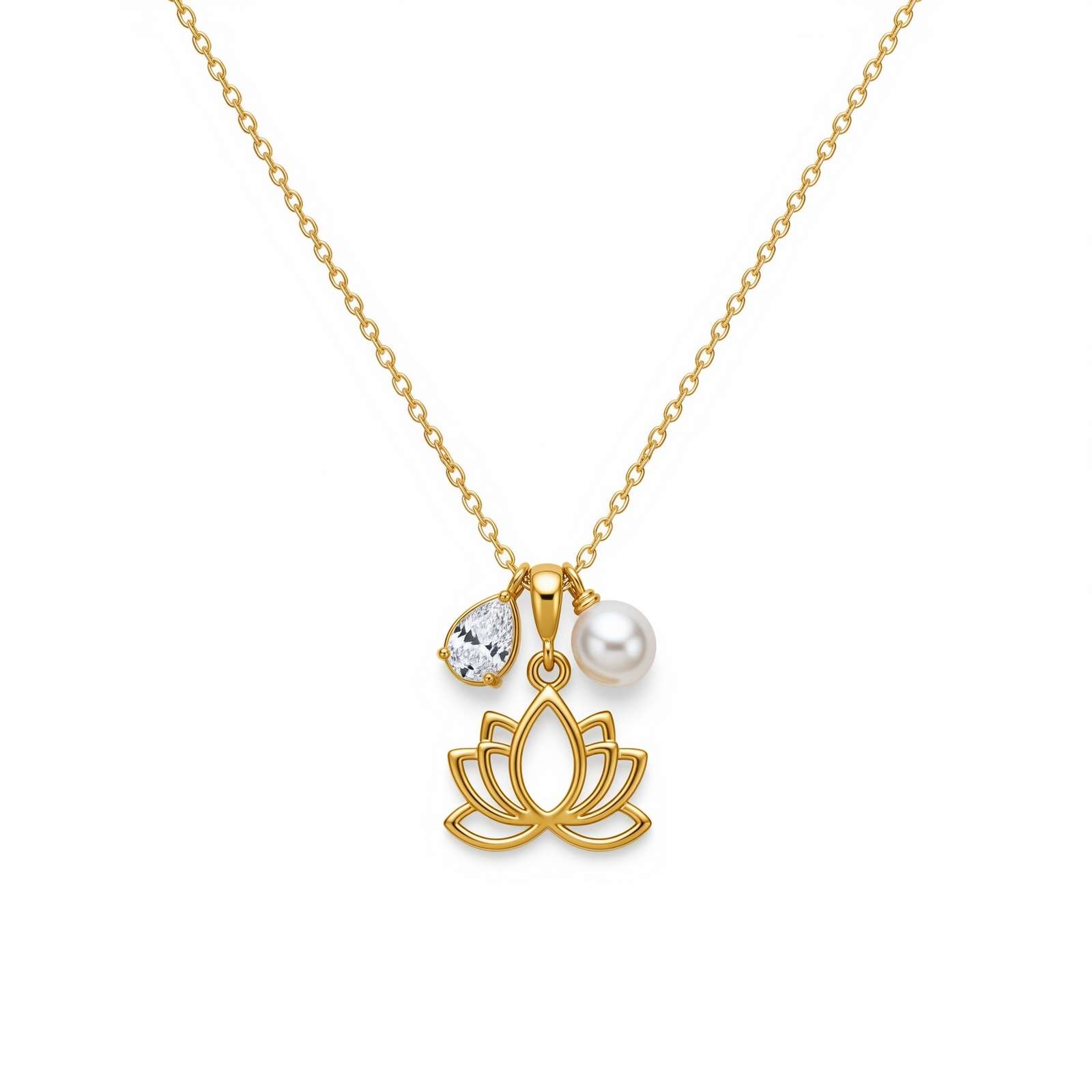 Custom Lotus Flower Birthstone Necklace with Gold Pearl Charm for Women – Delicate Women's Gift Custom Birth Month Flower Birthstone Charm Necklace