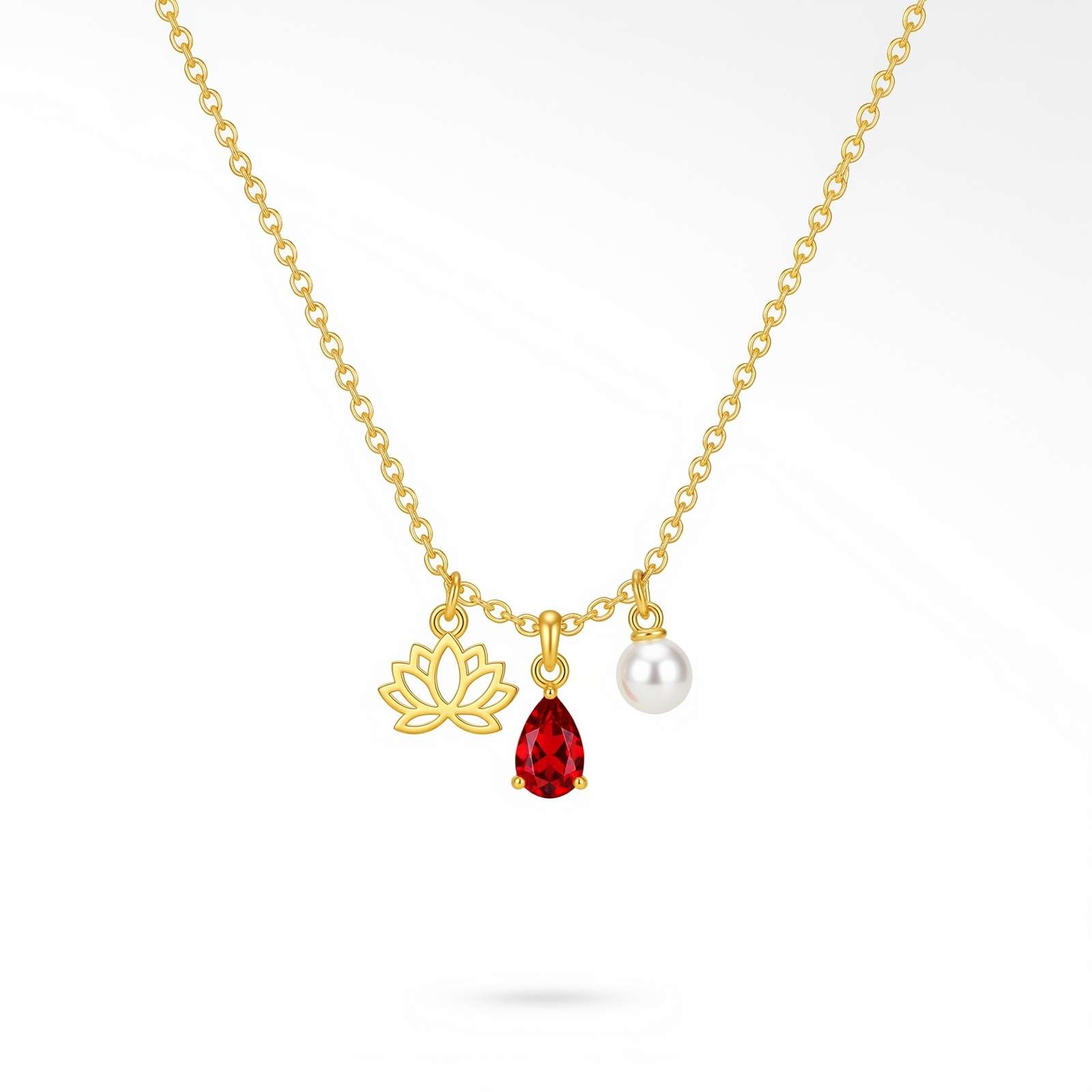 Gold Lotus Pearl Red Teardrop Pendant Necklace – Personalized July Birthstone Necklace for Her, Custom Birthstone Charm Necklace, Dedicate Women's Gift