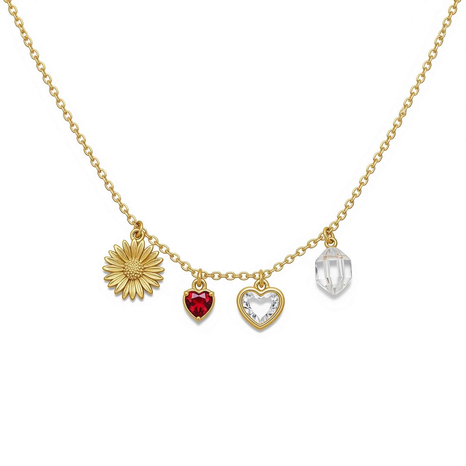 Dedicate Women's Gift Custom Birth Month Flower Necklace with Daisy Charm, Gold Heart Pendant Necklace, Personalized Crystal Heart Birthstone Jewelry