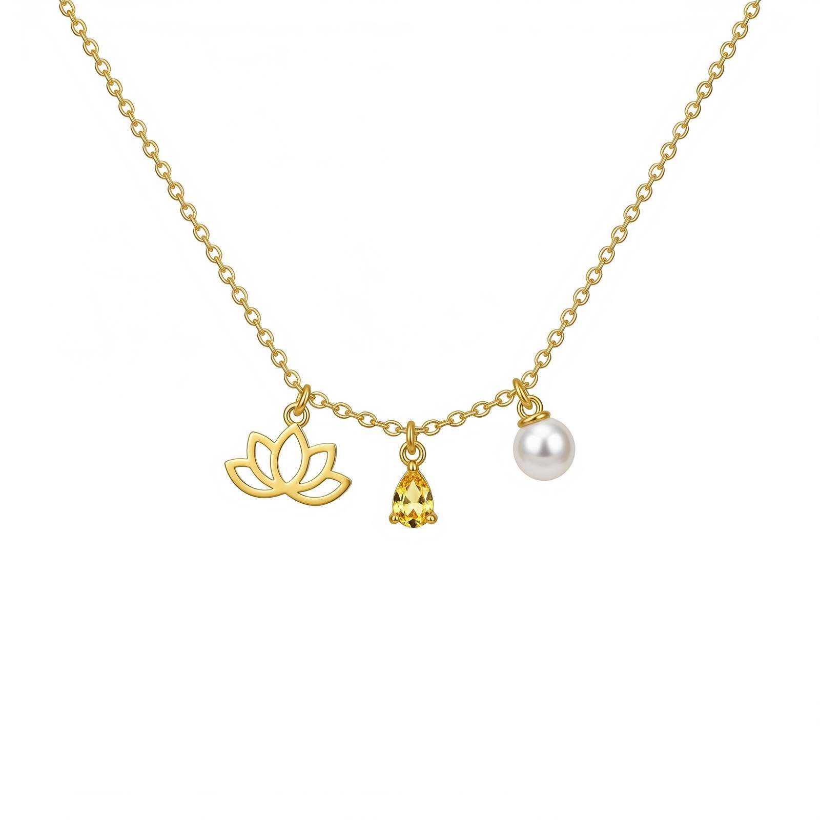 Gold Lotus Charm Pearl Necklace with Birthstone – Elegant Birthstone Lotus Flower Gold Necklace – Delicate Women's Gift Custom Birth Month Flower Birthstone Charm Necklace