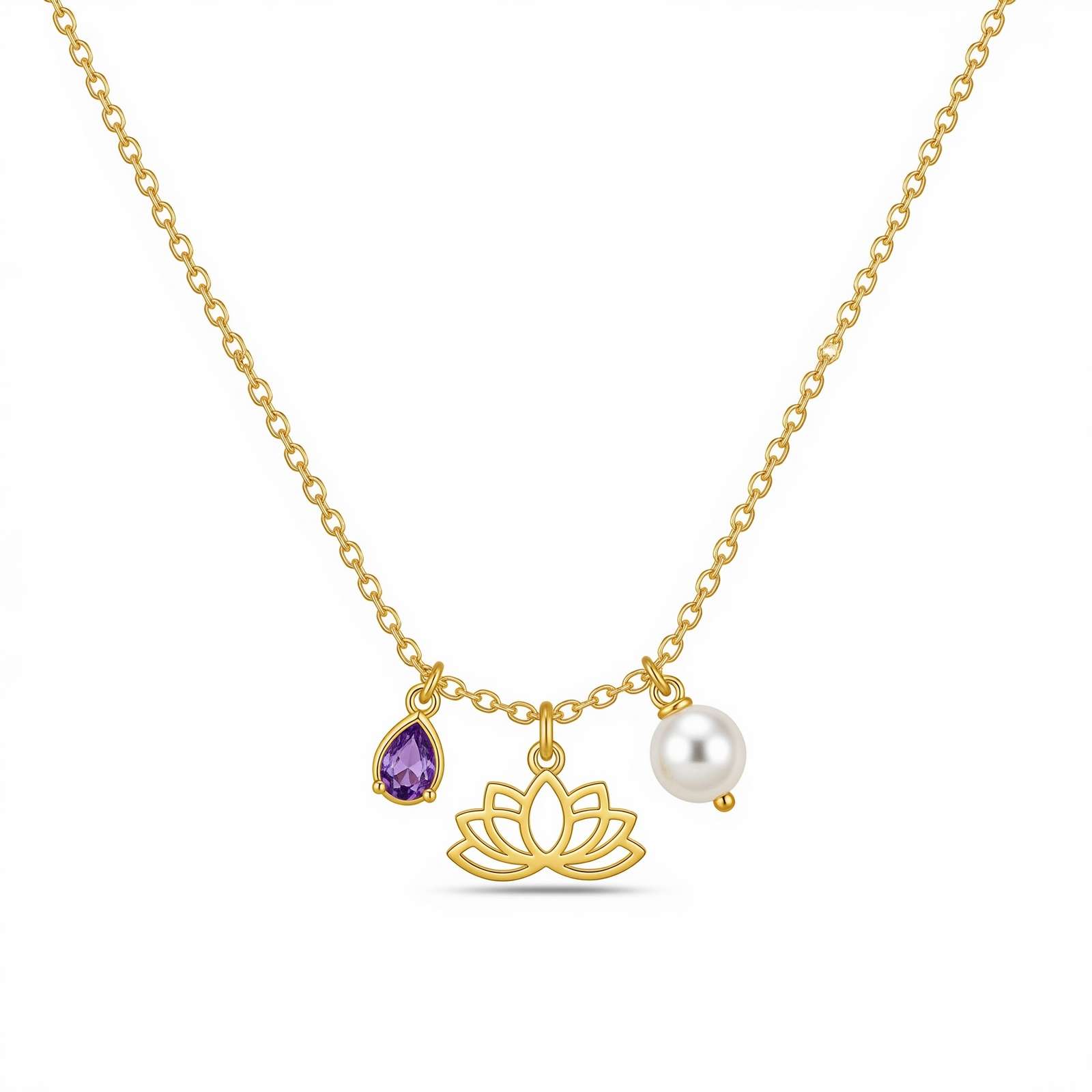 Dedicate Women's Gift Custom Birthstone Lotus Necklace – Gold Lotus Charm Necklace with Pearl and Amethyst – Personalized Yoga Jewelry for Women