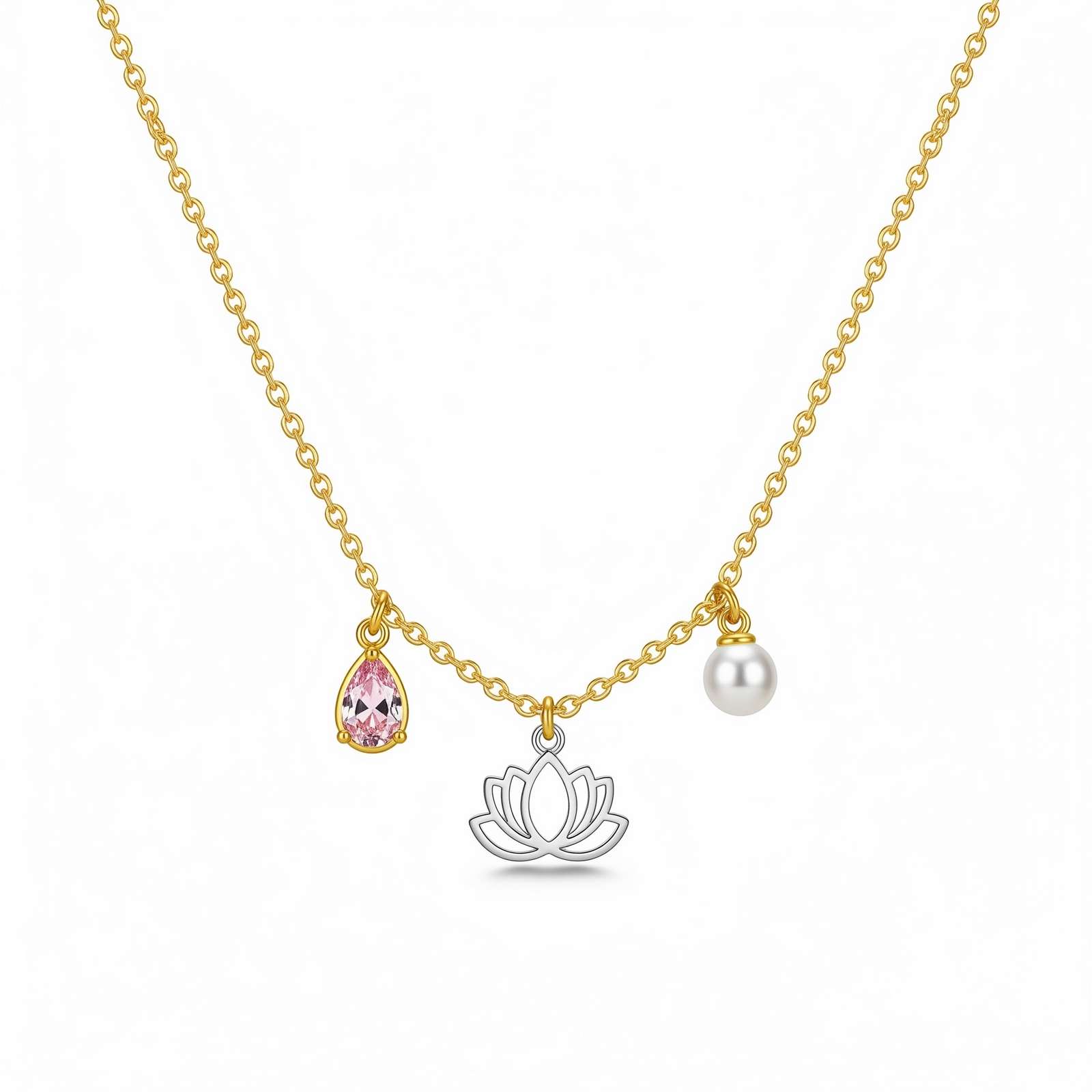 Dedicate Women's Gift Custom Birth Month Flower Birthstone Charm Necklace, Lotus Flower Charm Necklace Gold, Personalized Pearl and Birthstone Layered Pendant