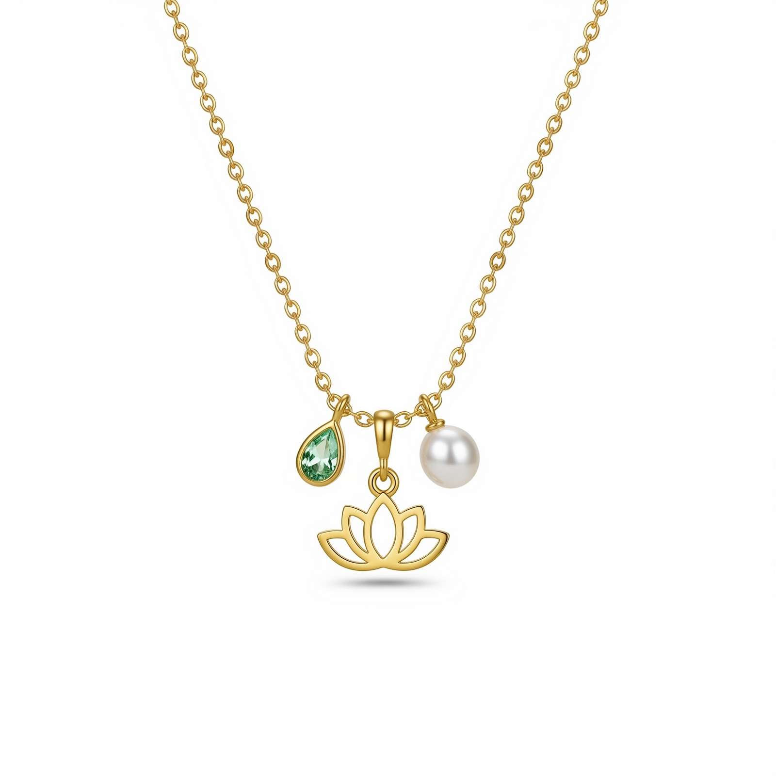 Birthstone Lotus Charm Necklace Gold | Personalized Birth Month Pearl Necklace | Dedicate Women's Gift Custom Birth Month Flower Birthstone Charm Necklace