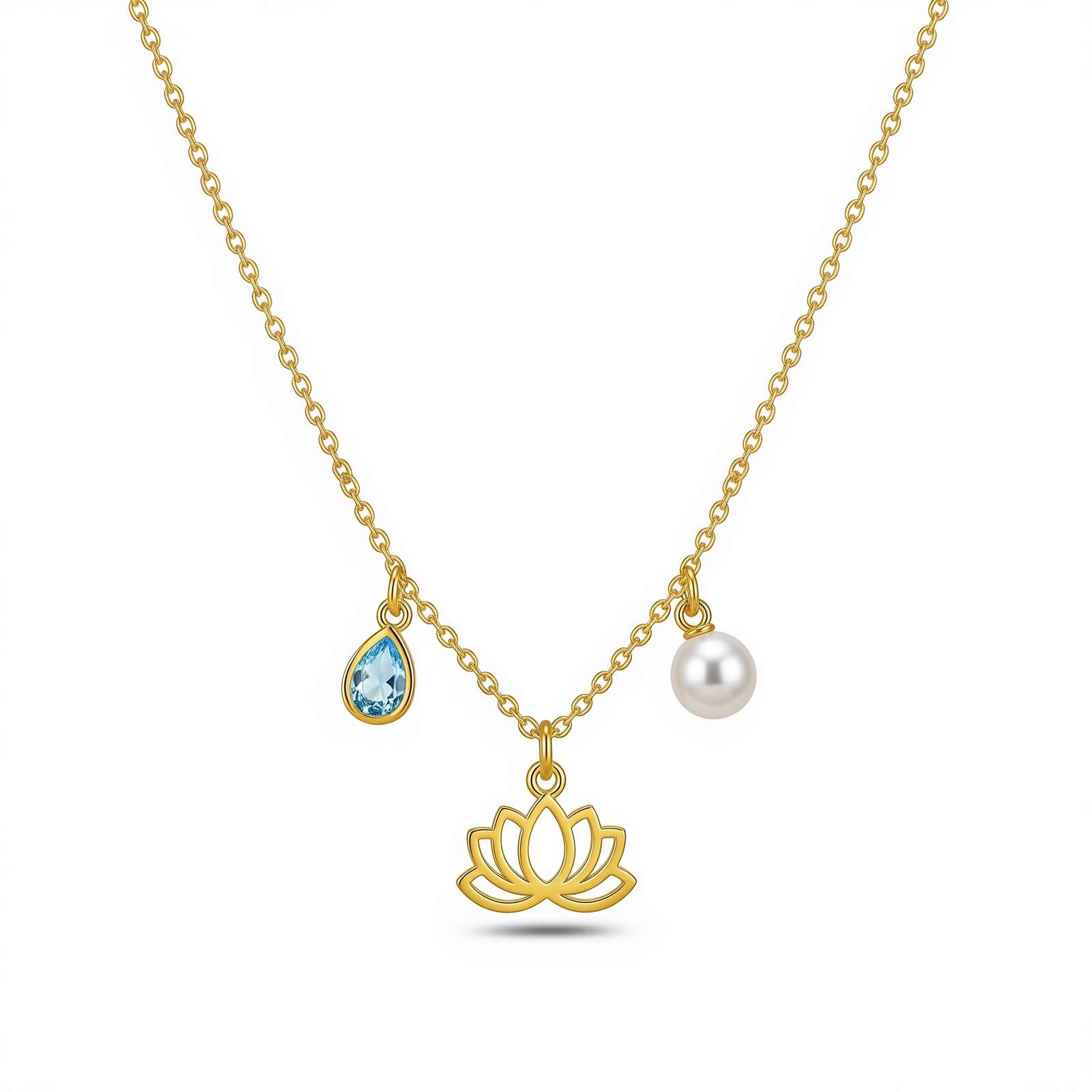 Delicate Women's Birthstone Lotus Necklace with Gold Pearl and Gemstone Pendant – Custom Birth Month Charm Necklace Gift for Her