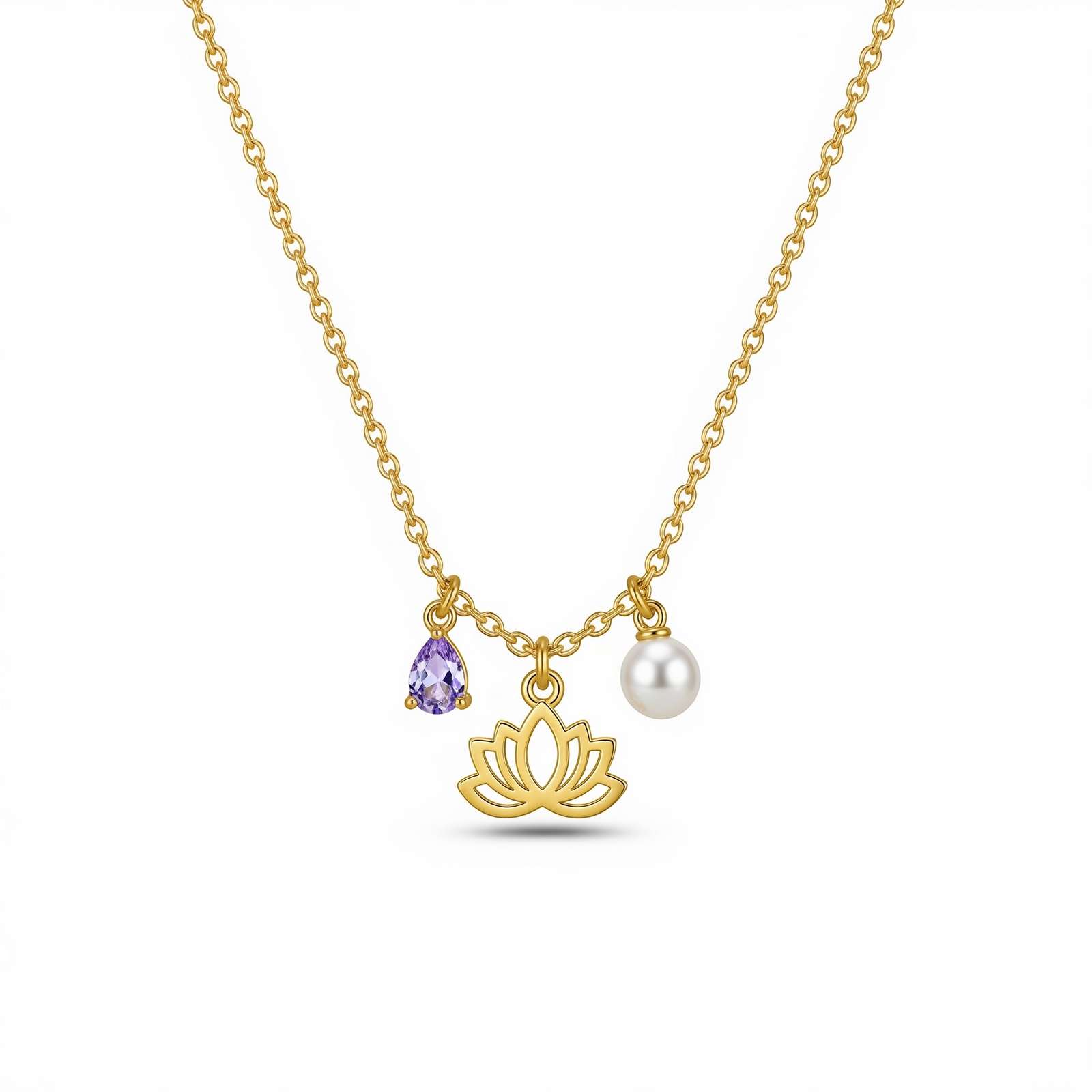 Dedicated Women's Lotus Charm Birthstone Necklace – Gold Lotus Amethyst Pearl Pendant Necklace with Custom Birth Month Flower Gemstone Jewelry Design