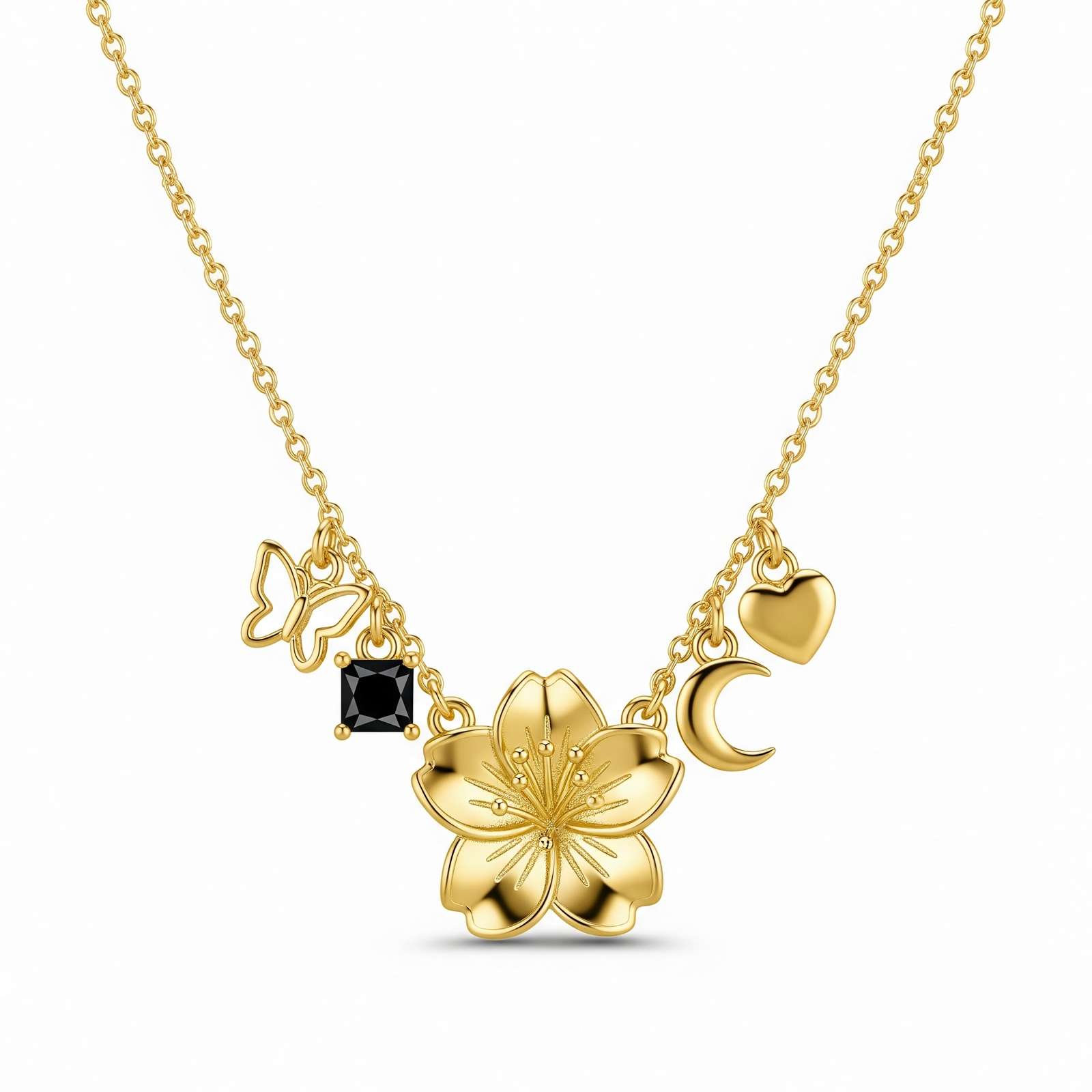 Custom Birth Month Flower Necklace with Butterfly Charm – Women's Birthstone Gift Necklace Featuring Heart, Moon & Black Gem Accents