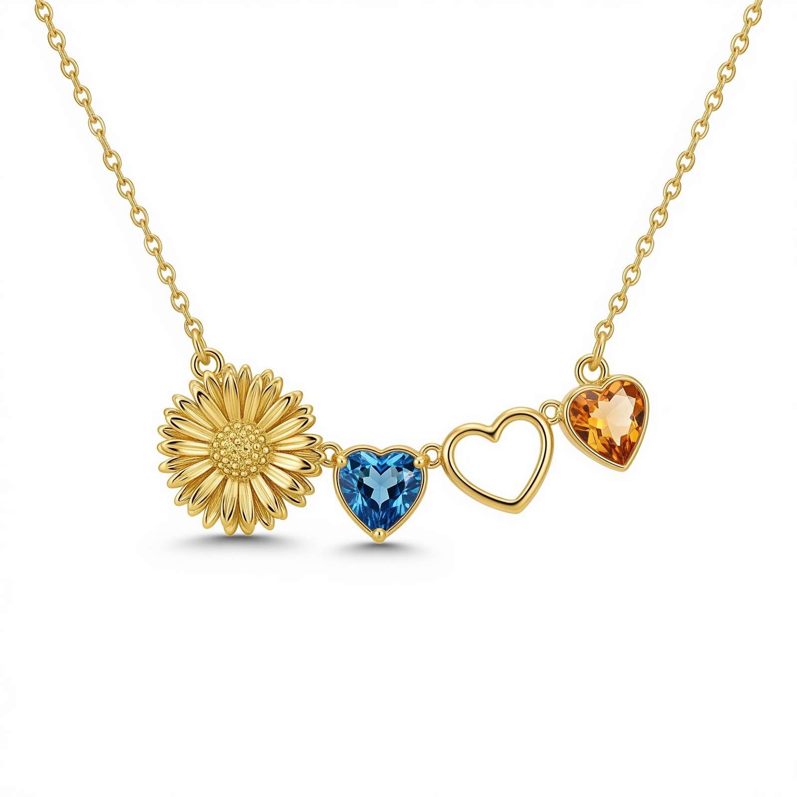 Gold Sunflower Heart Charm Necklace with Custom Birthstone – Personalized Birth Month Gemstone Jewelry, A Dedicate Women's Gift Custom Birthstone Flower Necklace