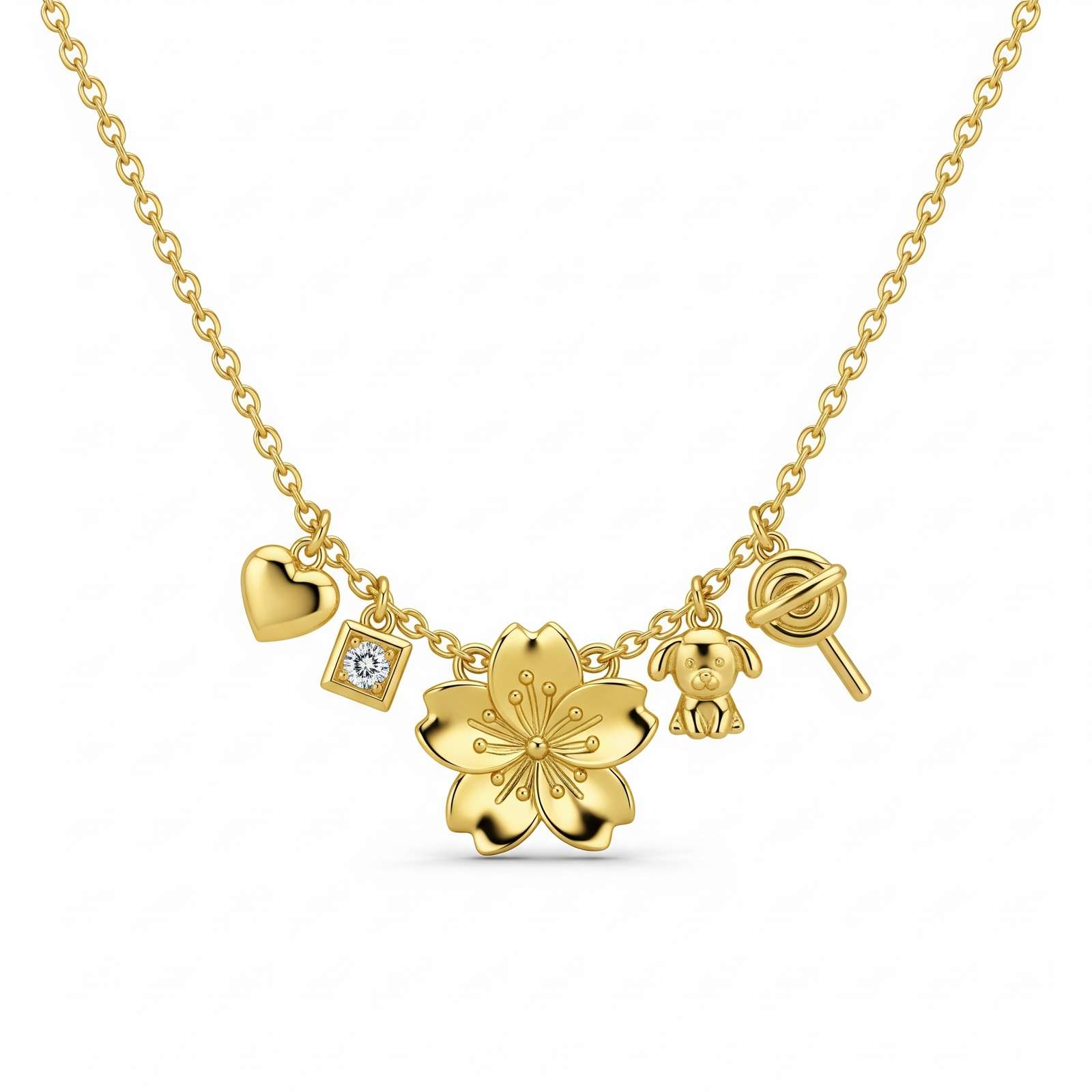 Custom Birthstone Charm Necklace - Women's Gold Personalized Flower Charm Necklace with Customizable Pendants