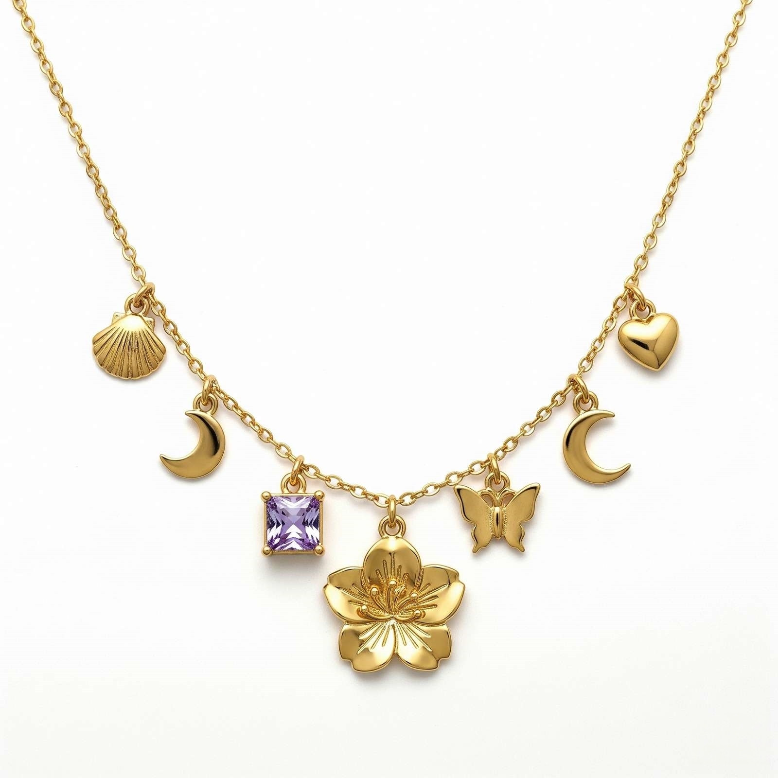 Dedicate Women's Gift Custom Birth Month Flower Necklace – Gold Charm Necklace with Moon and Butterfly – Personalized Floral Birthstone Pendant Necklace