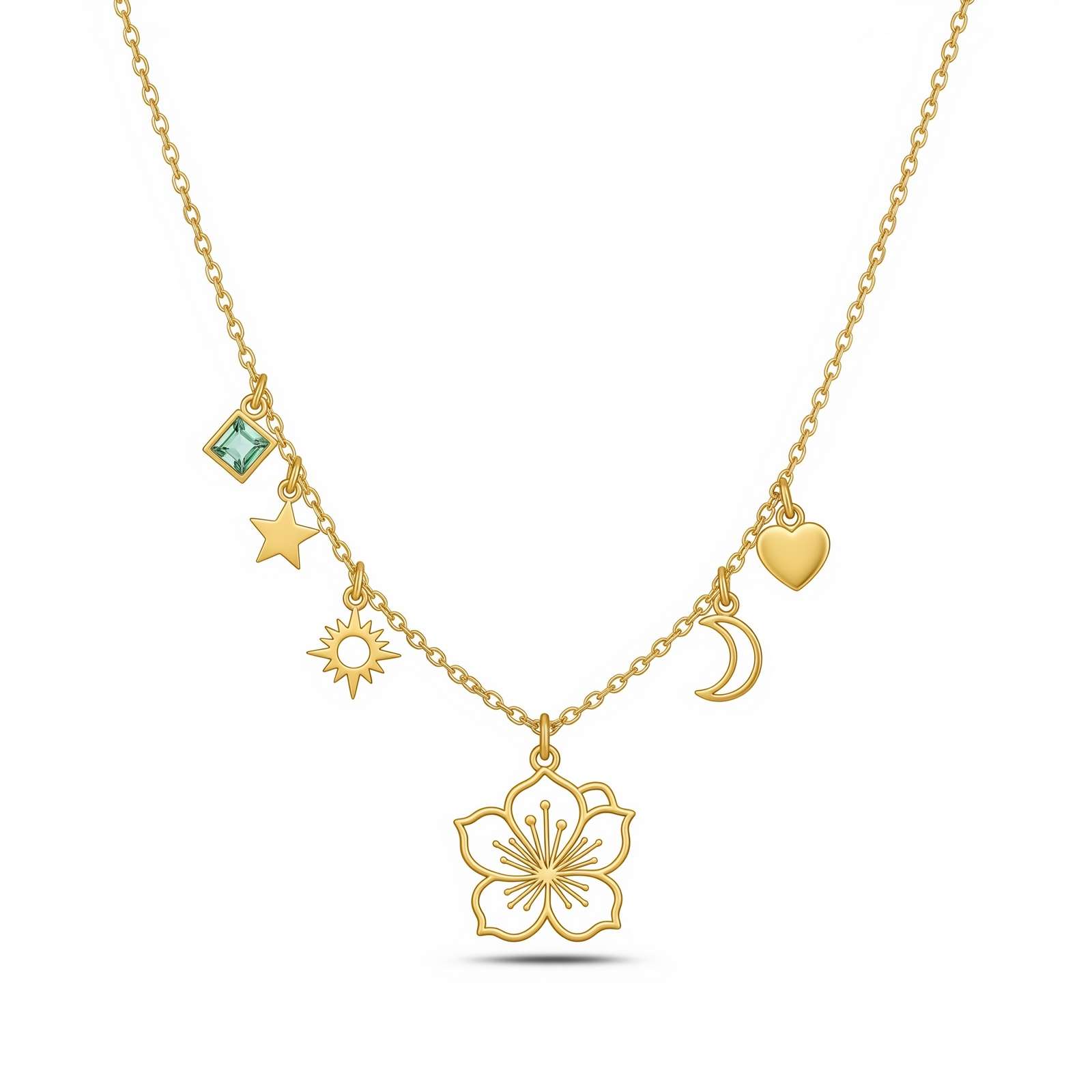 Gold Charm Necklace with Celestial and Floral Pendants – A Personalized Zodiac Birthstone Jewelry and Dedicate Women's Gift Custom Birth Month Flower Necklace