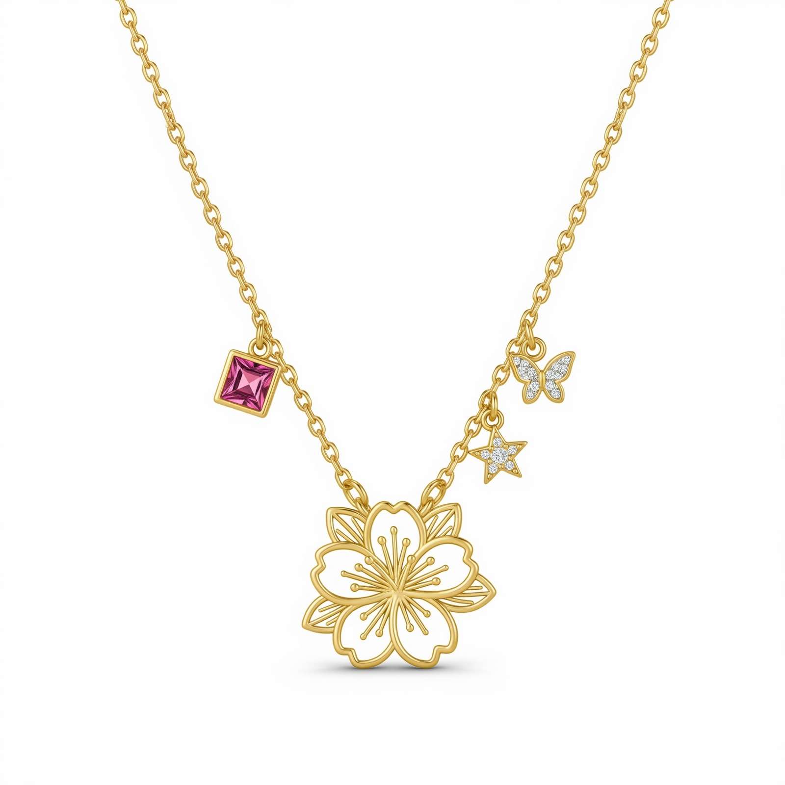 Dedicate Women's Gift Custom Birth Month Flower Necklace – Cherry Blossom Gold Charm Necklace with Pink Birthstone Butterfly Floral Pendant