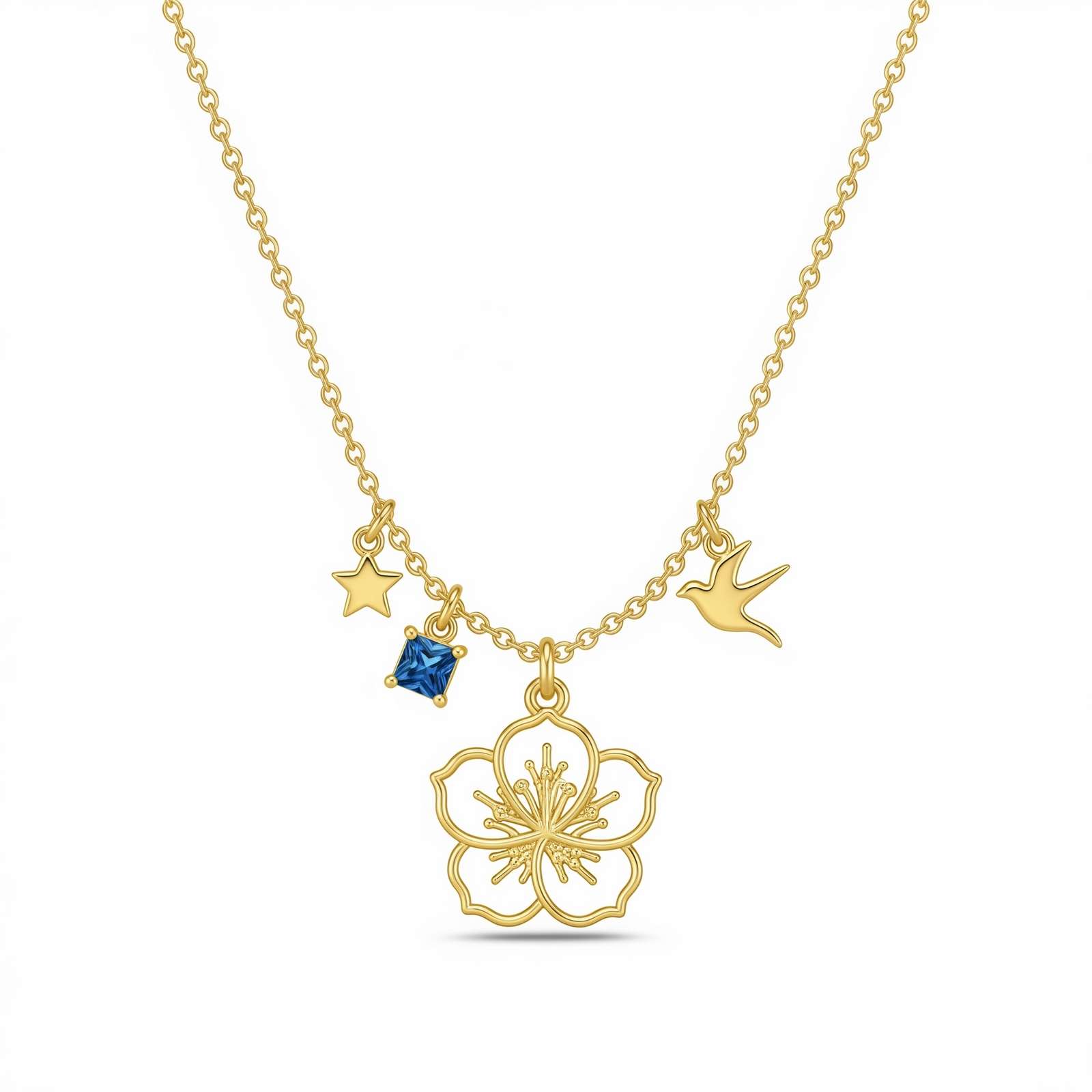 Delicate Women's Gift Custom Birthstone Flower Charm Necklace – Gold Floral Pendant Necklace with Blue Crystal – Personalized Birth Month Flower Necklace for Her