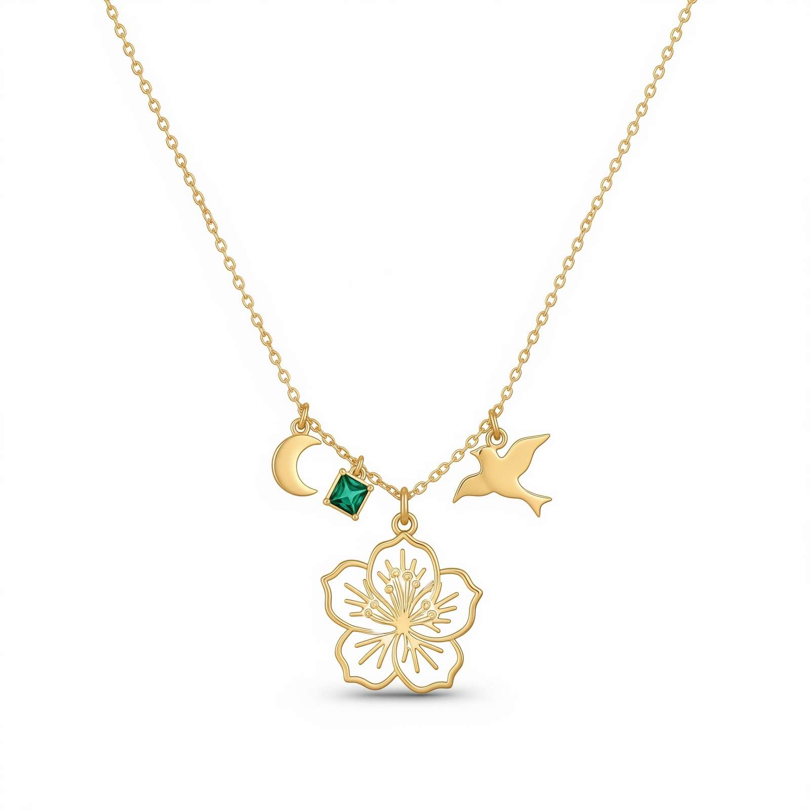 Delicate Women's Gift Custom Birth Flower Birthstone Necklace – Gold Cherry Blossom Charm Necklace with Moon Bird Emerald Charm Pendant