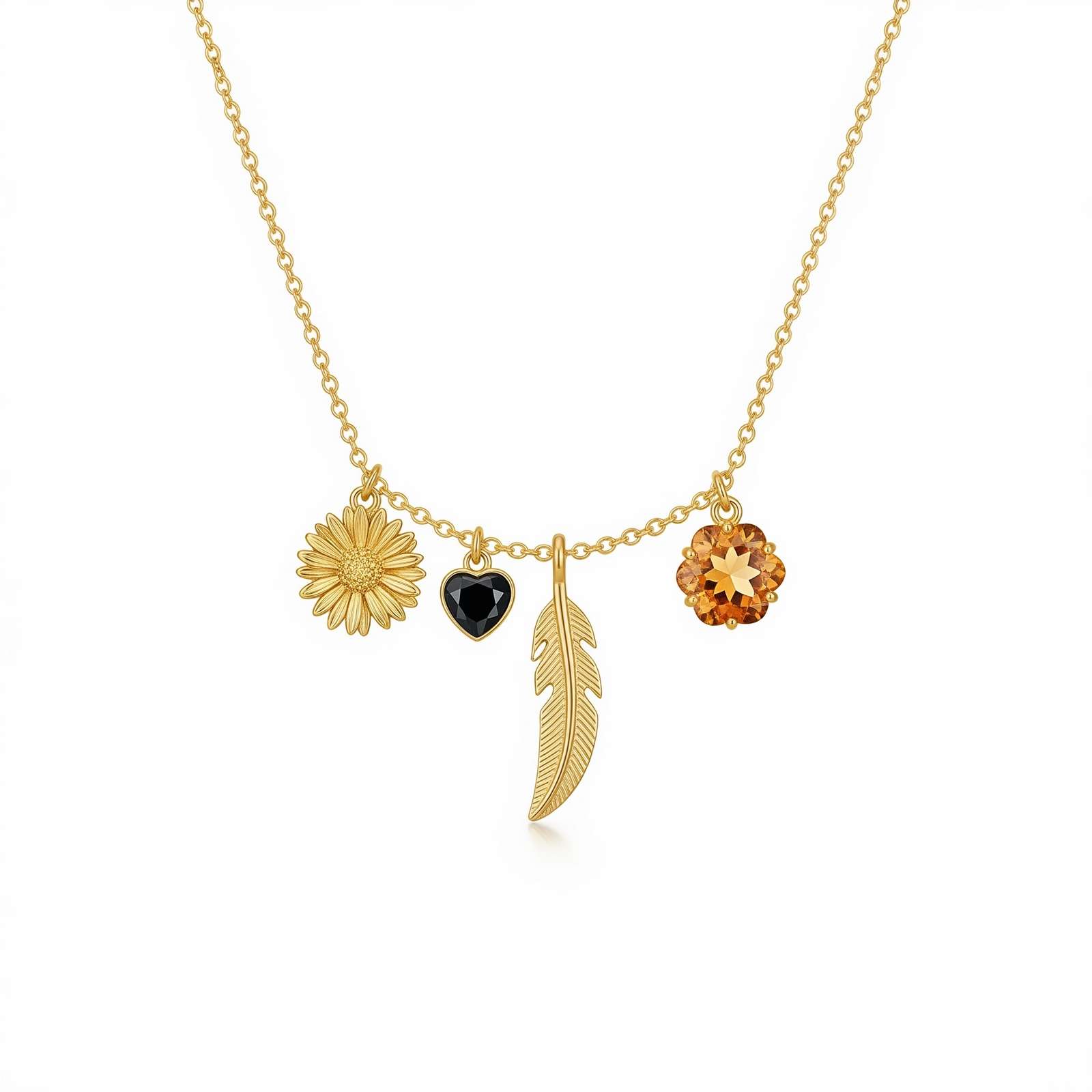 Dedicate Women's Gift Custom Birth Flower Necklace with Gold Feather Charm – Personalized Birthstone Floral Pendant Jewelry, Unique Gold Feather Charm Necklace for Her