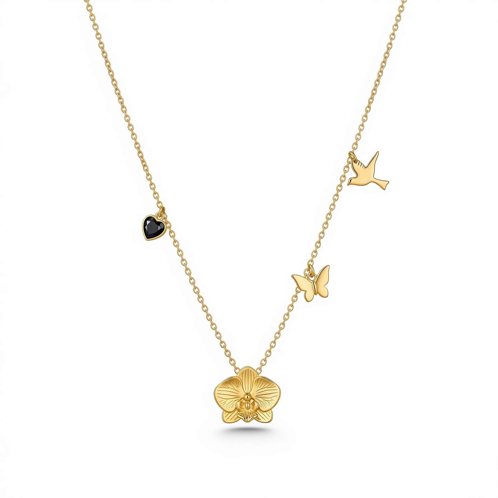 Gold Floral Charm Pendant Necklace with Butterfly Bird Heart Accents – A Dedicate Women's Gift Custom Birth Month Flower Birthstone Charm Necklace, Perfect as a Butterfly Bird Heart Layered Gold Necklace