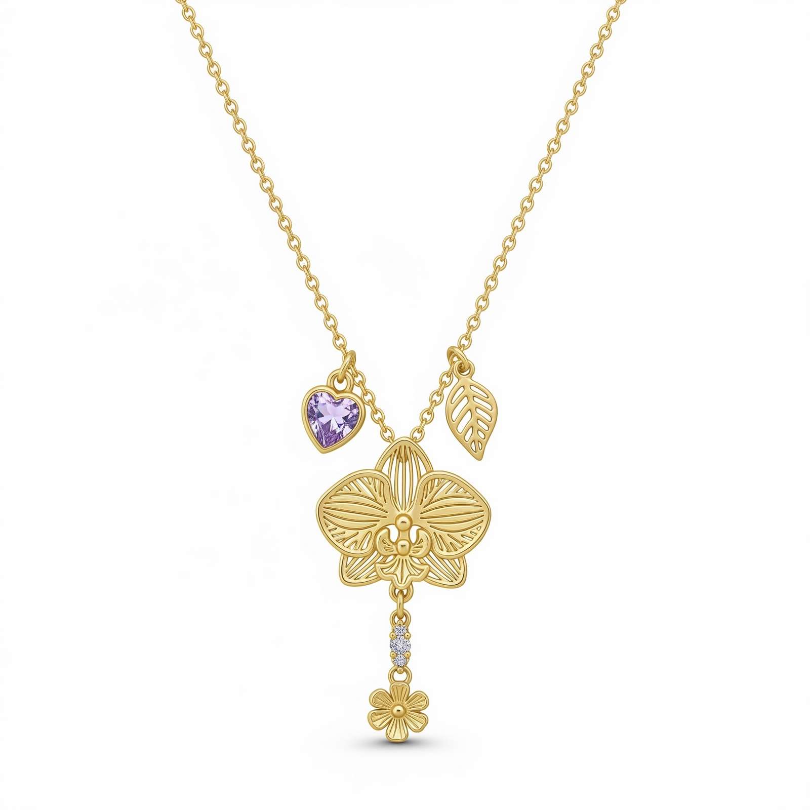 Custom Birthstone Flower Necklace – Women's Orchid Charm Necklace with Heart Gem and Leaf Detail – Personalized Birth Month Flower Jewelry in Gold Finish