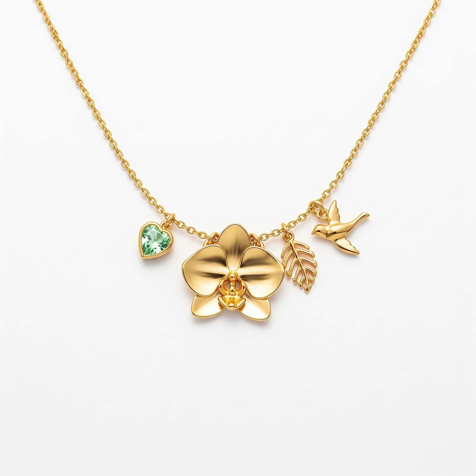 Dedicating Women's Gift Custom Birth Month Flower Birthstone Charm Necklace – Gold Orchid Hummingbird Necklace Personalized Floral Bee Heart Pendant Jewelry