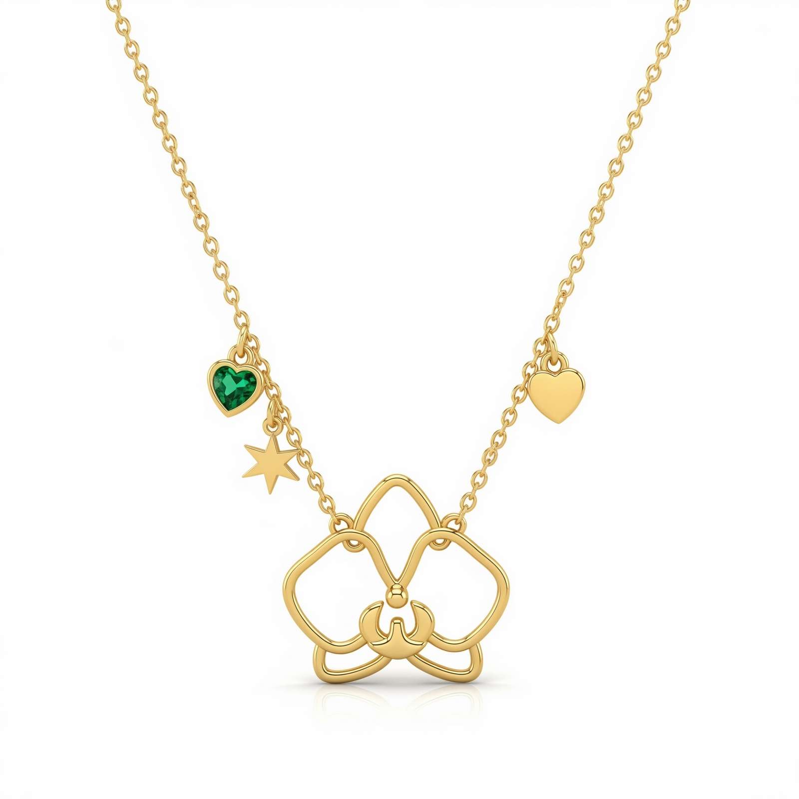 Dedicate Women's Gift Custom Birth Month Flower Birthstone Charm Necklace – Gold Orchid Flower Charm Necklace with Birthstone – Personalized Heart and Star Pendant Necklace for Women