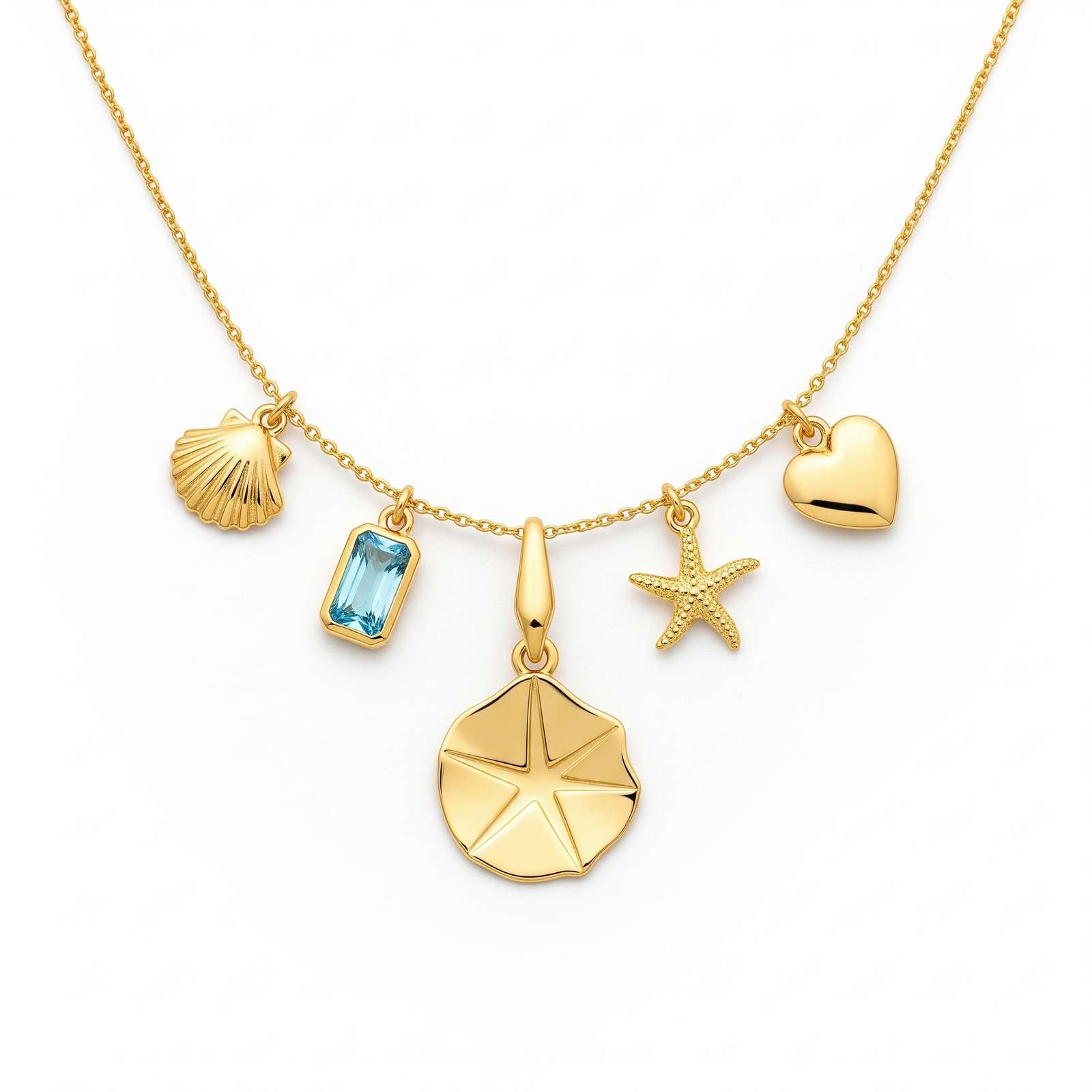 Custom Birthstone Charm Necklace – Beach-Inspired Gold Charm Necklace with Heart, Shell, Starfish & Personalized Gift for Women