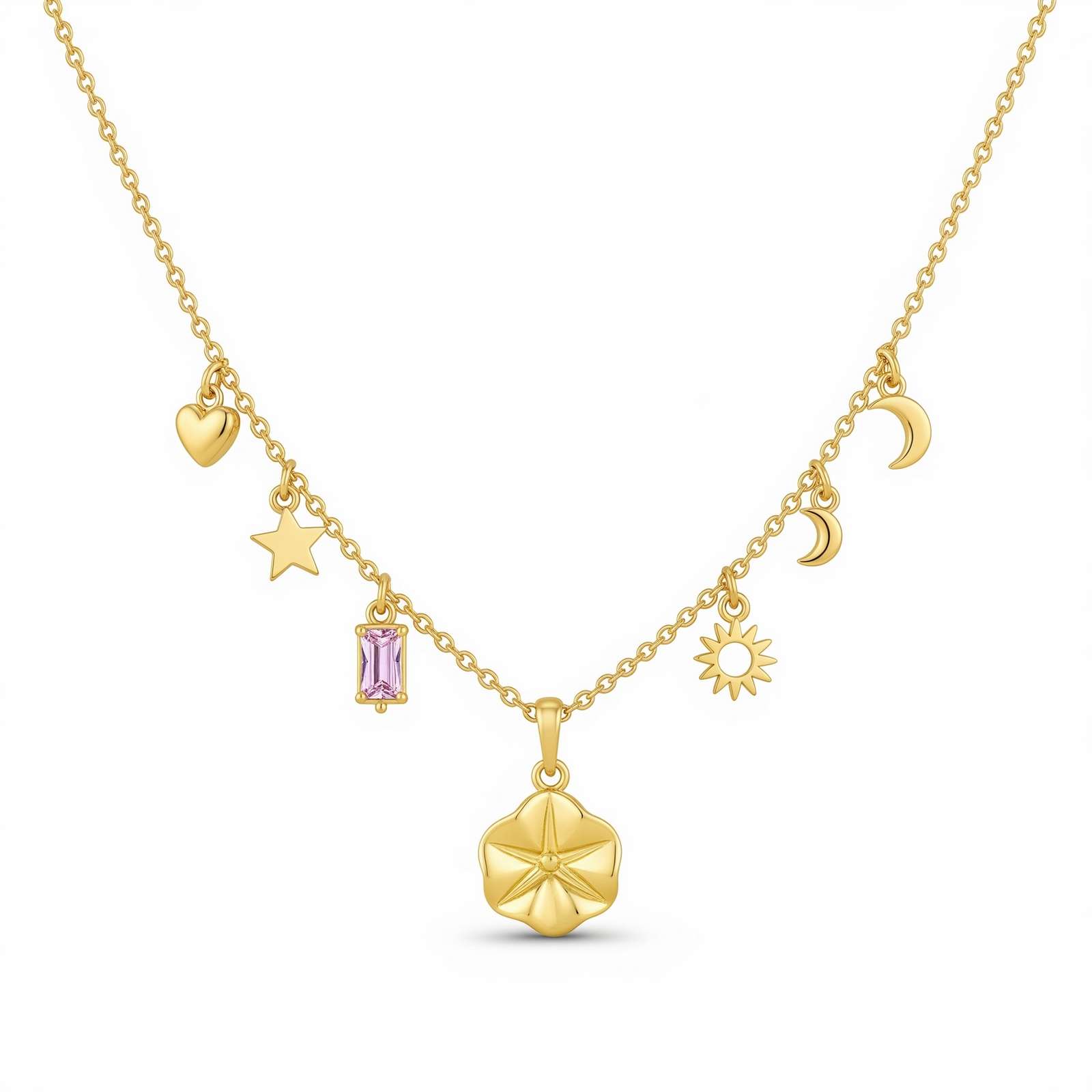 Celestial Charm Gold Pendant Necklace with Zodiac Moon Sun Star Layered Jewelry Accents – Custom Birth Month Flower Necklace for a Dedicate Women's Gift