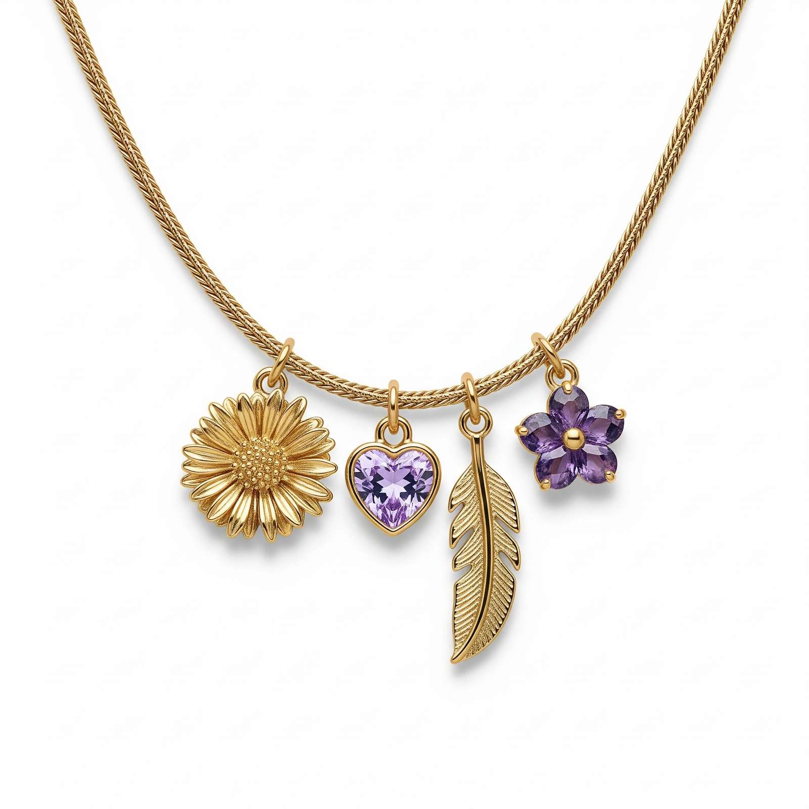 Dedicate Women's Gift Custom Birth Month Flower Birthstone Charm Necklace – Gold Flower Heart Feather Charm Necklace with Personalized Amethyst Floral Pendant for Women
