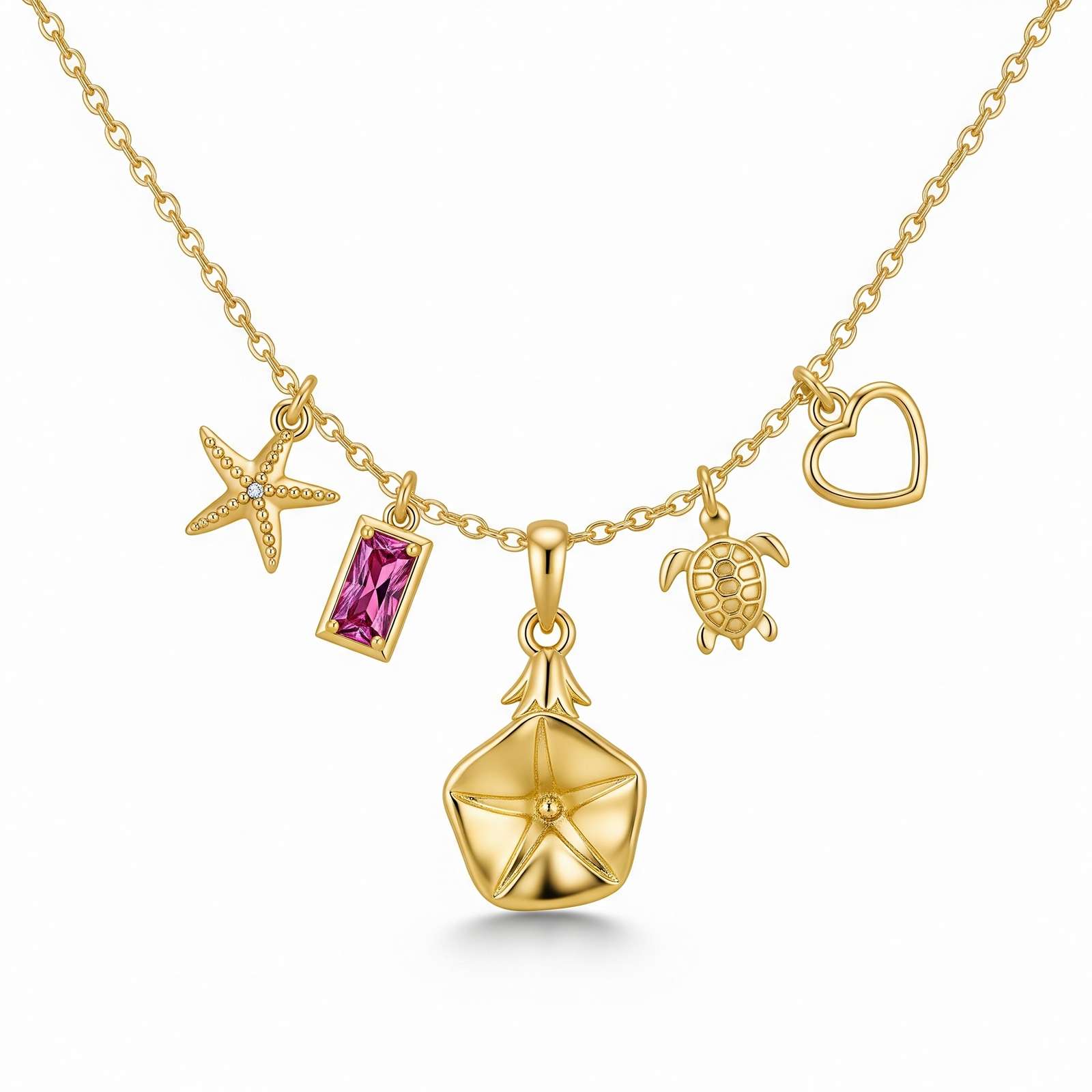 Dedicate Women's Gift Custom Birthstone Charm Necklace – Gold Beach Charm Necklace for Women with Turtle Starfish Sea Theme Pendant Chain