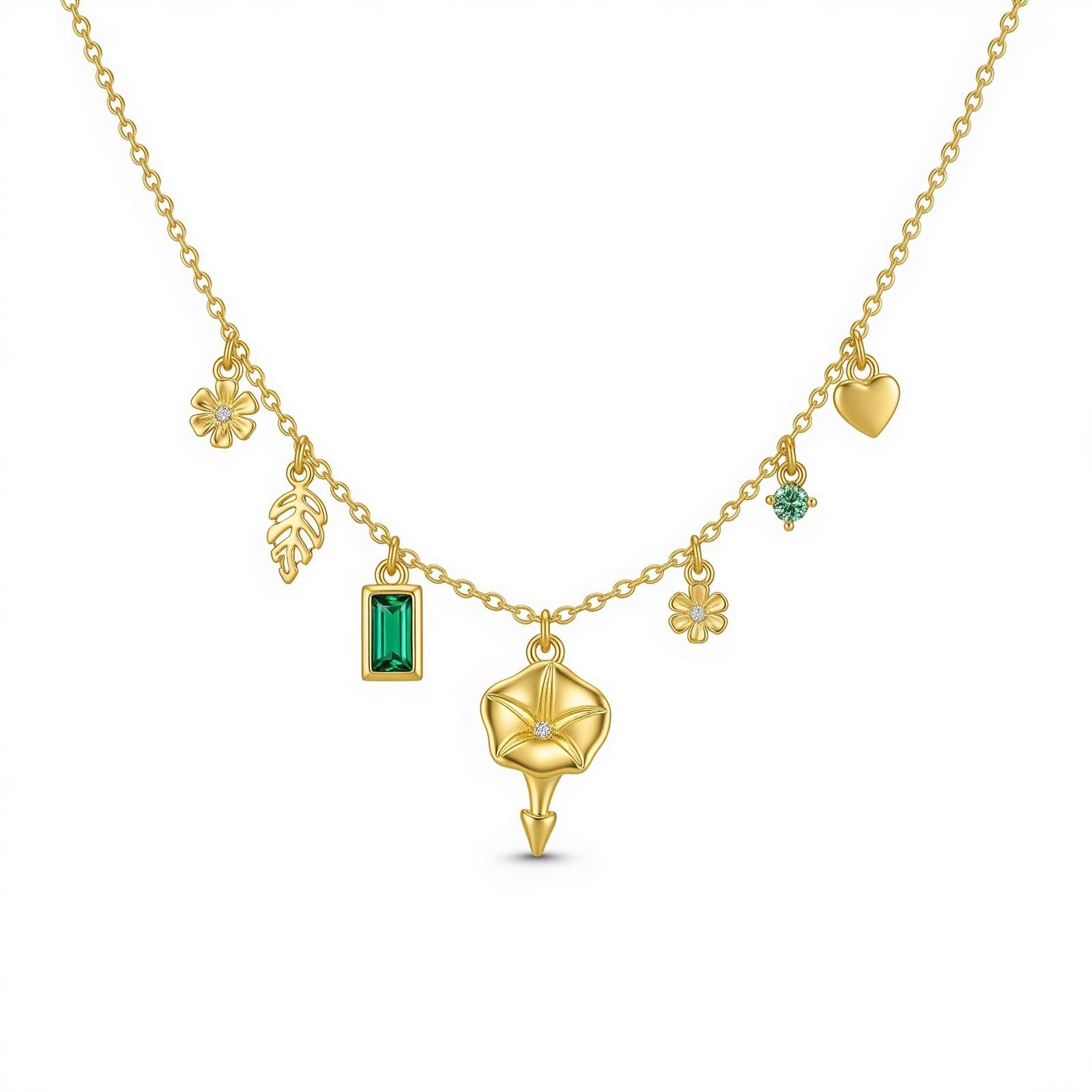 Gold Charm Necklace with Flower and Heart Pendants – Dedicate Women's Gift Custom Birthstone Charm Necklace – Personalized Birth Month Floral Pendant Jewelry